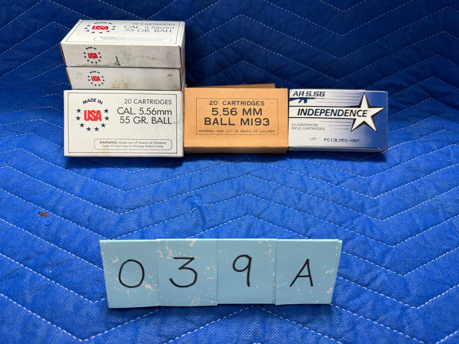 5.56mm Ammo: 5.56mm ammunition. Five boxes of USA, 55 grain ball (100 rounds). Two boxes of Military, ball (40 rounds). Two boxes of Independence, 55 grain FMJ (40 rounds). 180 rounds total. See photos.