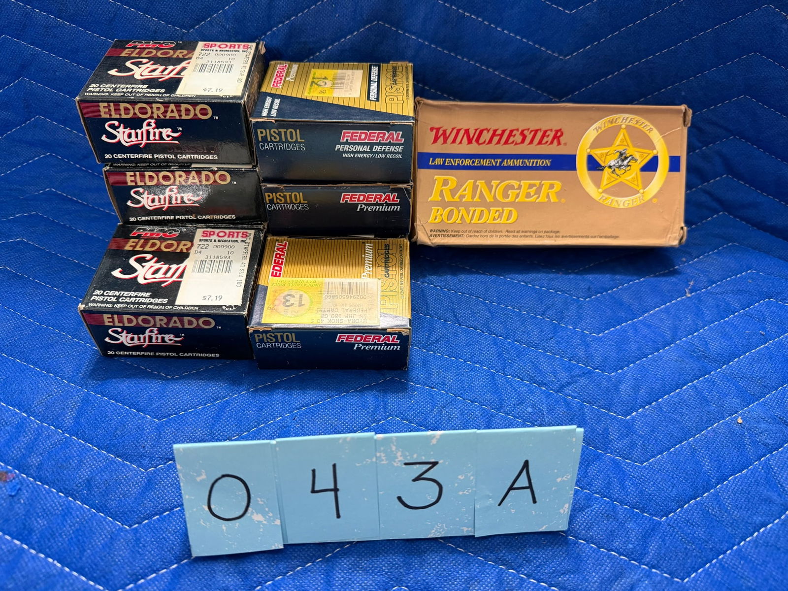 40 Smith & Wesson Ammo: 40 Smith & Wesson ammunition. Four boxes of Federal Premium, 180 grain JHP (80 rounds). One box of Winchester Ranger, 165 grain bonded JHP (50 rounds). Four boxes of El Dorado Starfire, 180 grain JHP