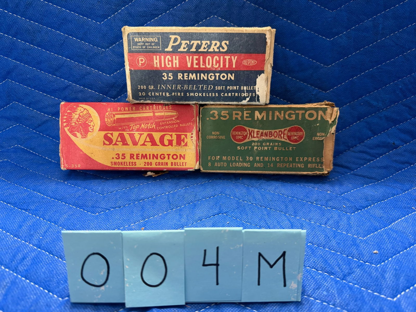 Vintage Boxed 35 Remington Ammo: Vintage boxed 35 Remington ammunition. One box of Savage, 200 grain (15 rounds). One box of Remington Kleanbore, 18 rounds. Plus 25 loose rounds and one empty vintage Peters box. See photos.