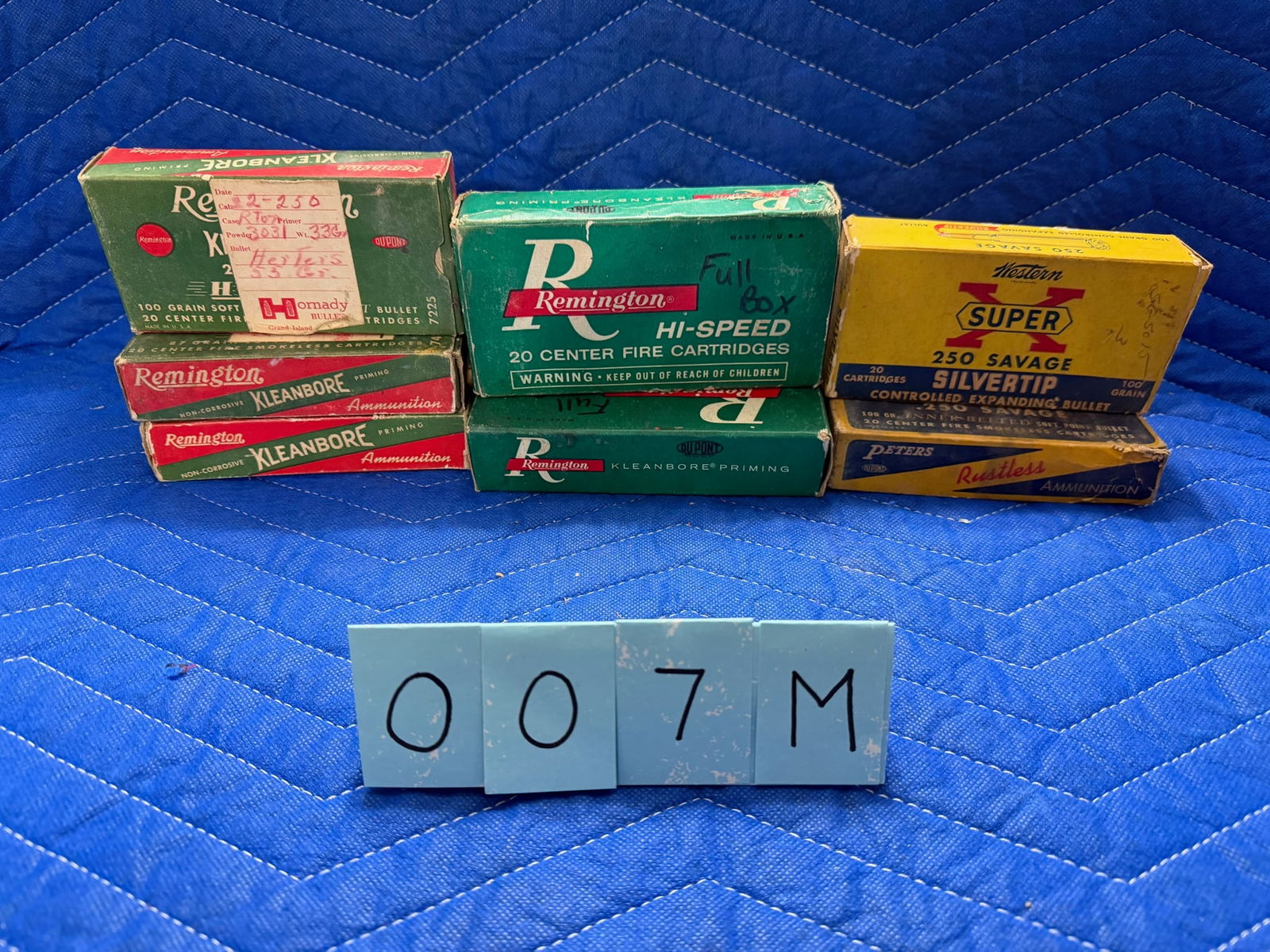 250 Savage Ammo: 250 Savage ammunition. Two boxes of Remington, 100 grain, SP core-lokt (40 rounds). Three boxes of Remington Kleanbore, 100 grain SP (54 rounds and 6 brass casings). One box of Peters, 100 grain