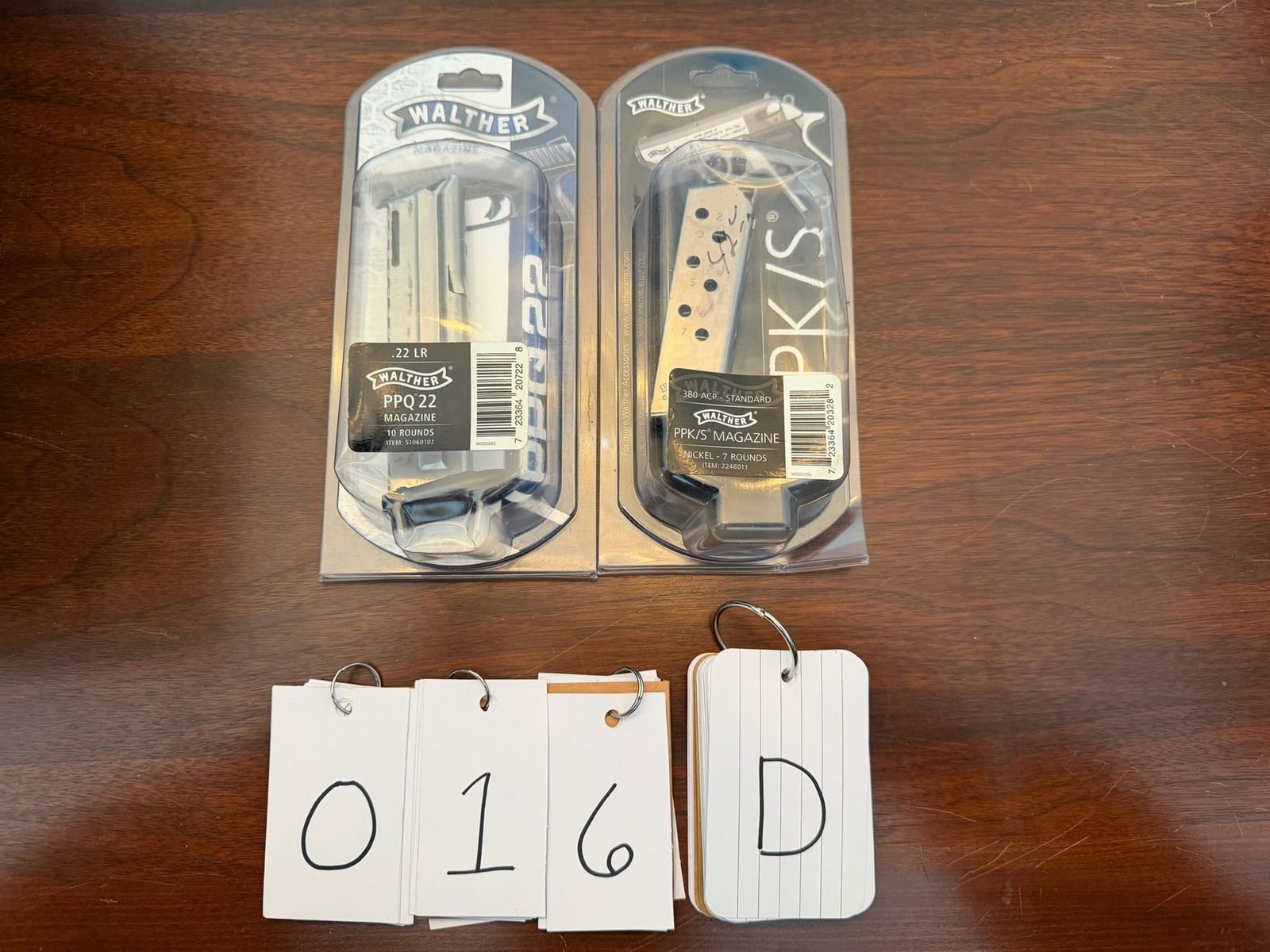Two Walther Magazines: Two Walther magazines. One nickel seven round PPK/S magazine. One ten round PPQ 22 magazine. New in the boxes. See photos.