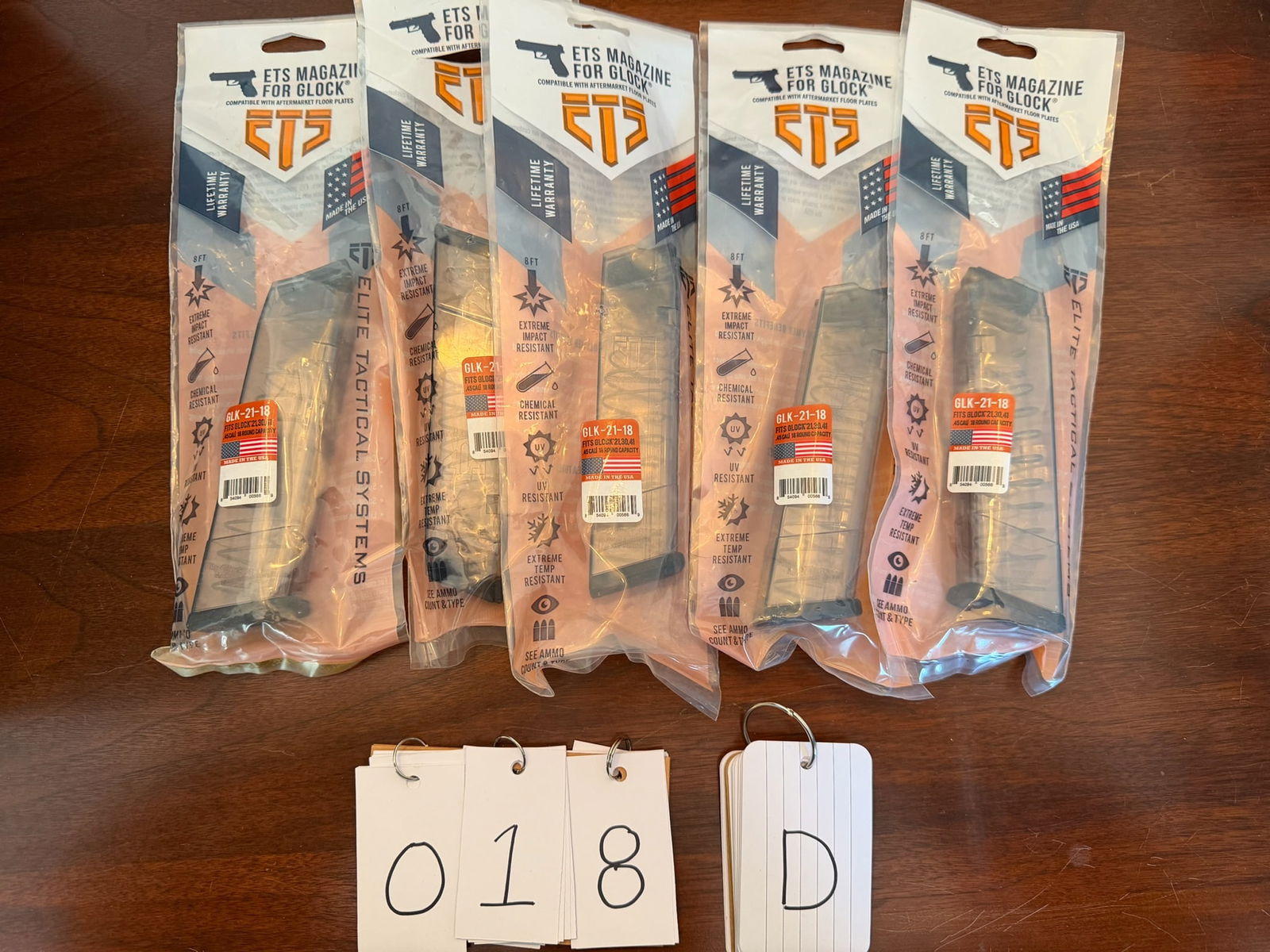 Five New ETS Magazines for Glocks: Five new ETS magazines for Glocks. Fits Glock Models 21/30/41. 18 round, 45 caliber. New in the packages. See photos. LEO, FFL OR OUT OF STATE SALES ONLY. MAGAZINES ARE NOT NYS COMPLIANT.