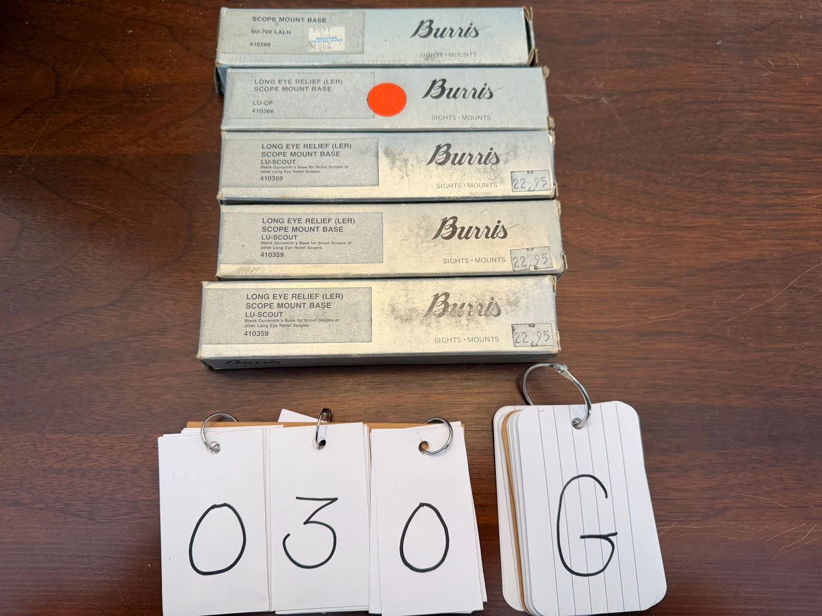 Five Burris Long Eye Relief Scout Scope Mount Bases: Five Burris long eye relief scout scope mount bases. Part Numbers: (3) 410359 (1) 410366 (1) 410289. New in the packaging. See photos.