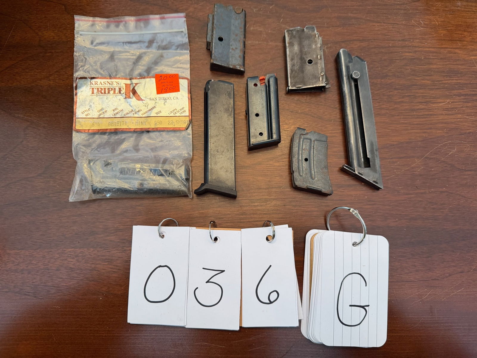 Seven Assorted 22S/L/LR Magazines: Seven assorted 22S/L/LR magazines. One 22LR magazine for a Colt Woodsman. One 22 Short magazine for a Beretta Minx (new). Plus five others. See photos.