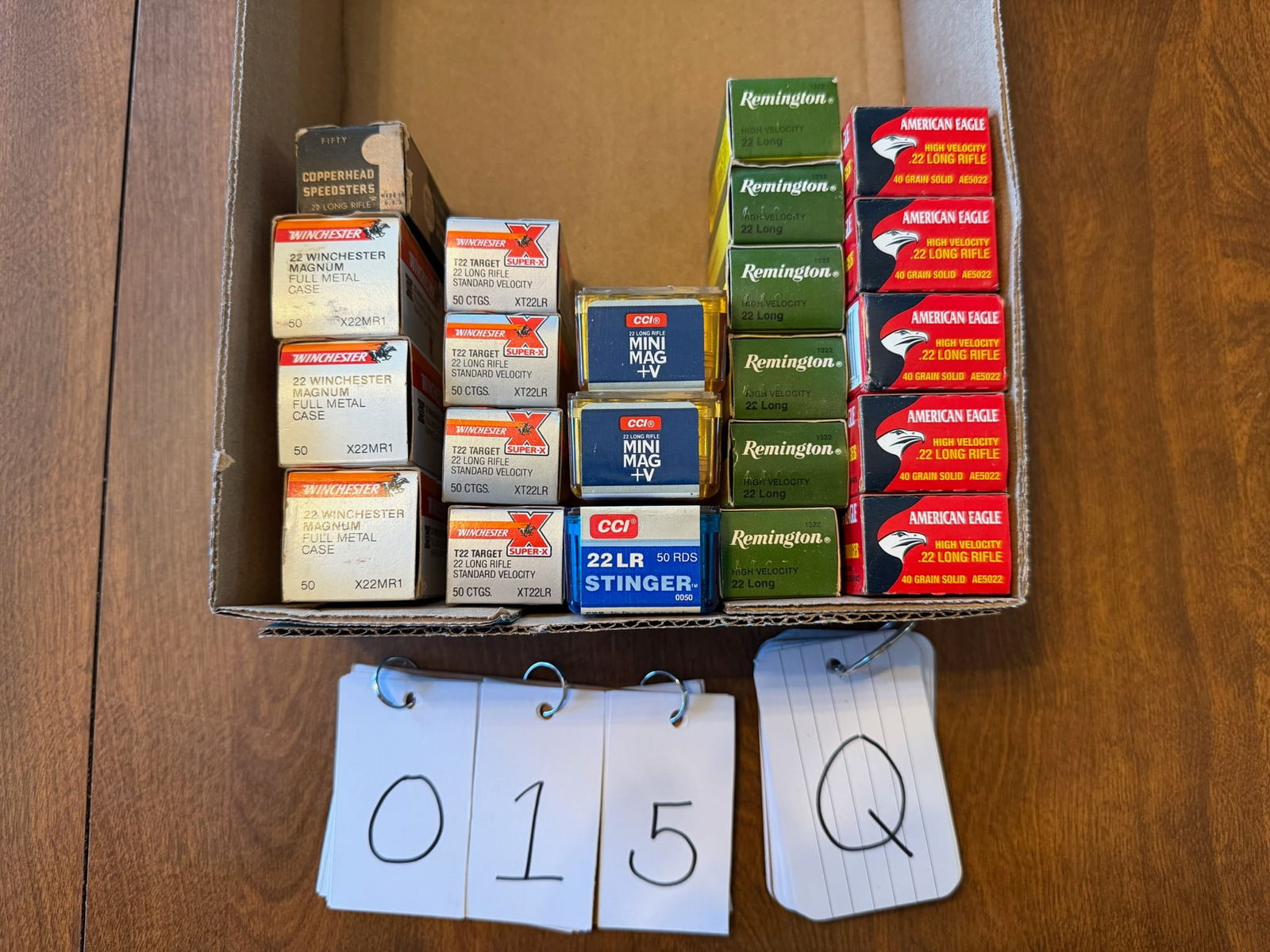 22 Long/Long Rifle/Magnum Ammo: 22Long/Long Rifle/Magnum ammunition. Three boxes of Winchester 22 Magnum, 40 grain full metal case (150 rounds). Five boxes of American Eagle 22LR, 40 grain solid (250 rounds). Three boxes of CCI 22LR