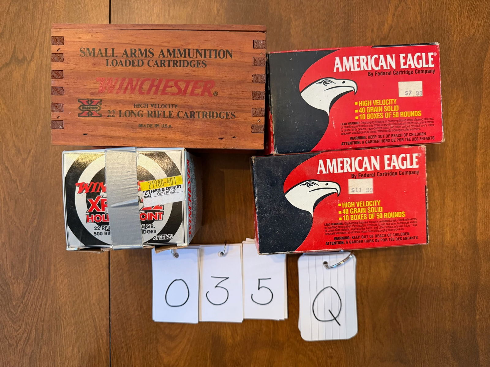 22LR Ammo: 22LR ammunition. American Eagle, 40 grain solid tip (1000 rounds). Winchester Collectable Box (500 rounds). One partial box of Winchester Xpert 22 Hollow Point, 36 grain (approx. 300+ rounds). Approx.