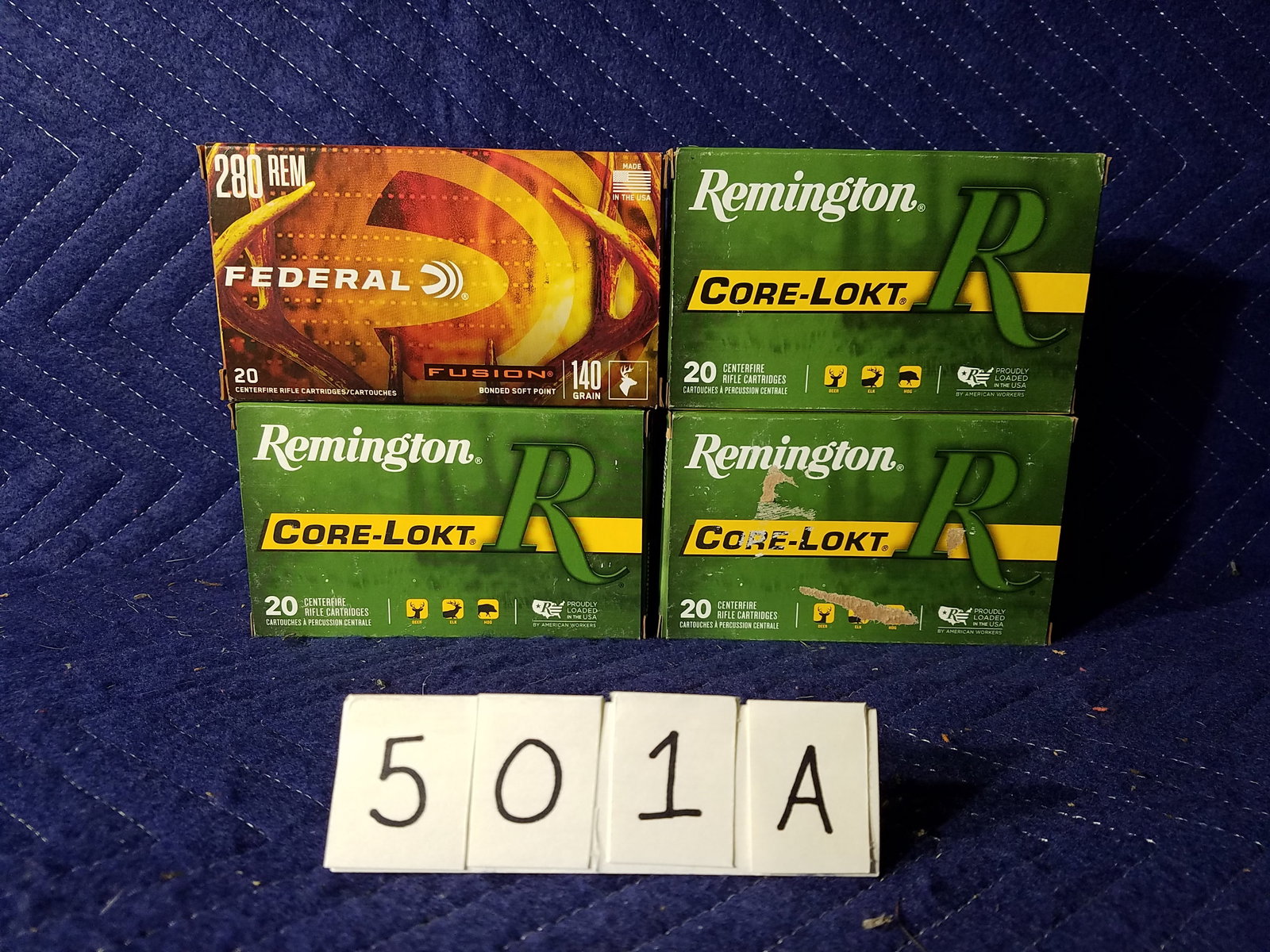 280 Remington Ammo: 280 Remington ammunition. Three boxes of Remington, 165 grain, CORE-LOKT SP. 60 rounds. One box of Federal, 140 grain, bonded SP. 20 rounds. 80 rounds total. See photos.