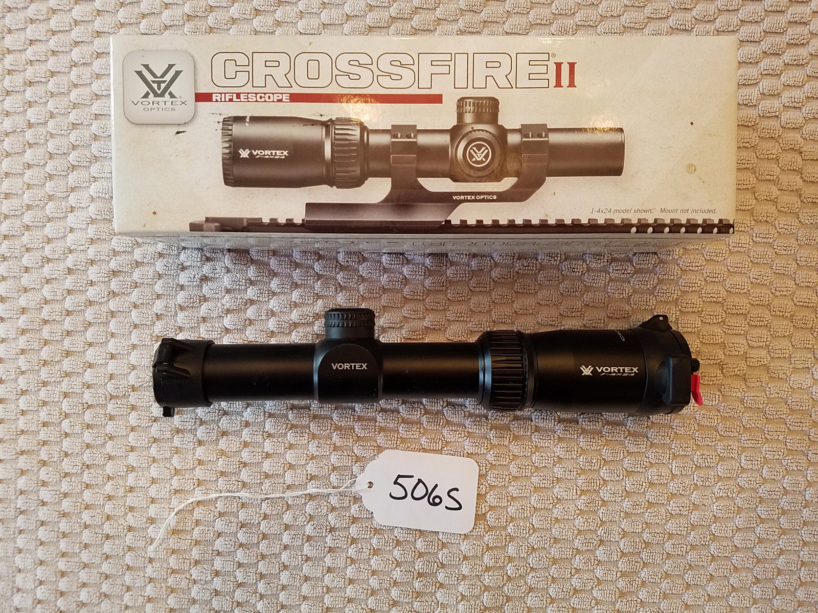 Vortex Crossfire II 1-4x24 Scope: Vortex Crossfire II 1-4X24 scope. Used and in the original box. V-Plex reticle. Has Butler Creek flip up scope caps. See photos.