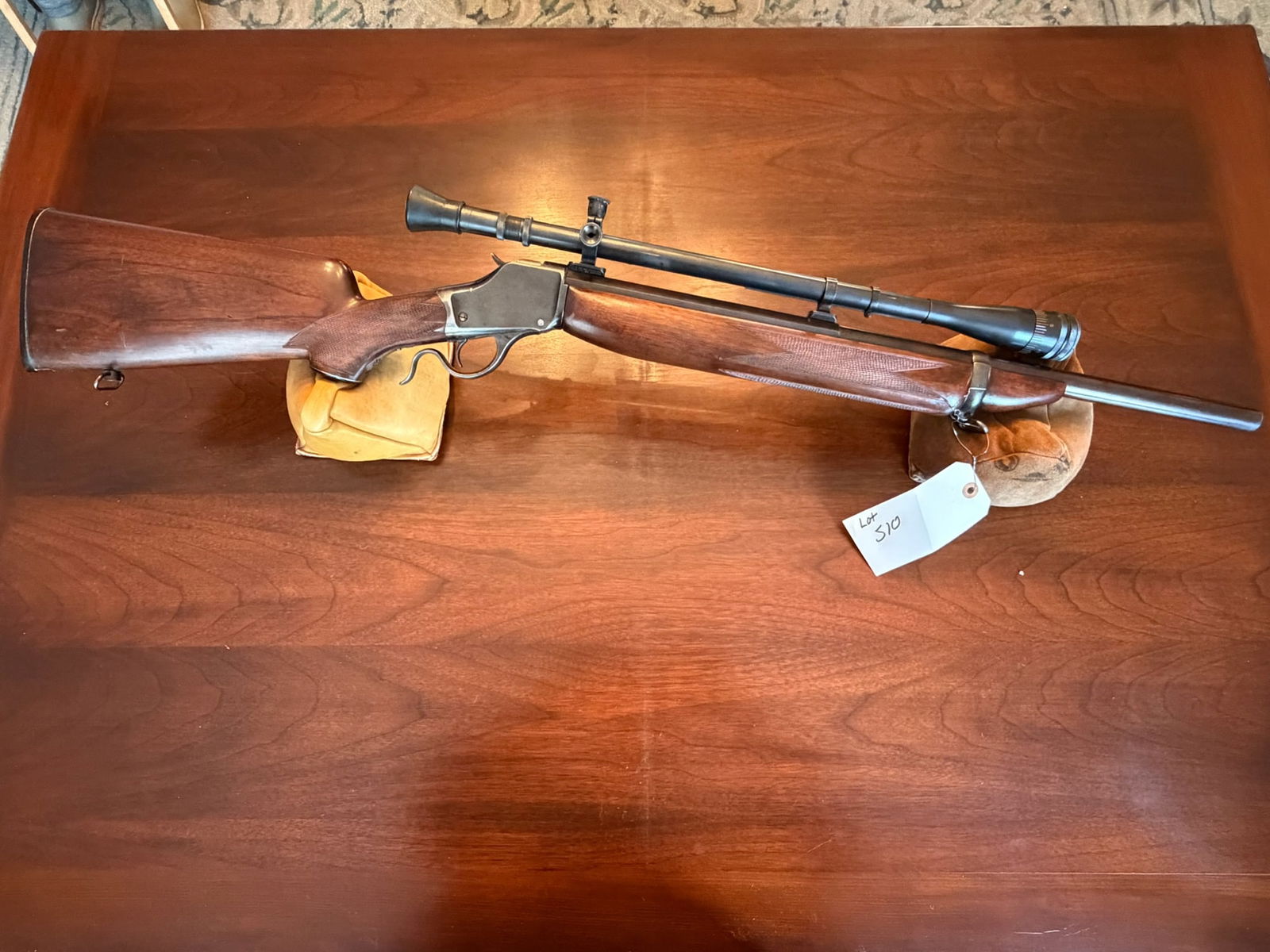 Custom Falling Block: Custom Falling Block. 22 Hornet. 24" heavy barrel. Has period correct fixed power Lyman TargetSpot scope. Serial No. 32305. See photos.