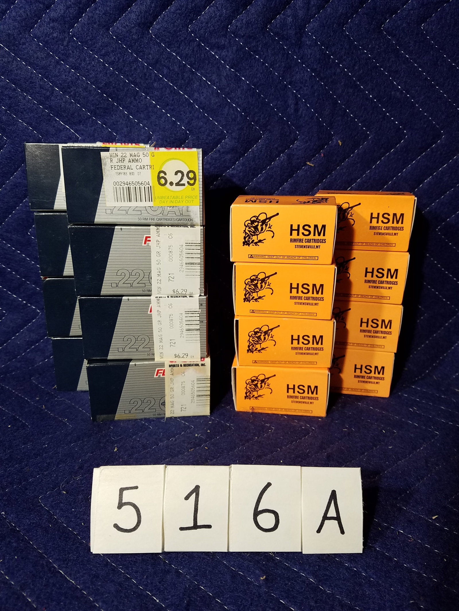 22 Remington Magnum Ammo: 22 Remington Magnum ammunition. 8 boxes of Federal, 50 grain, 400 rounds. 8 boxes of HSM, 40 grain, 361 rounds. 761 rounds total. See photos.
