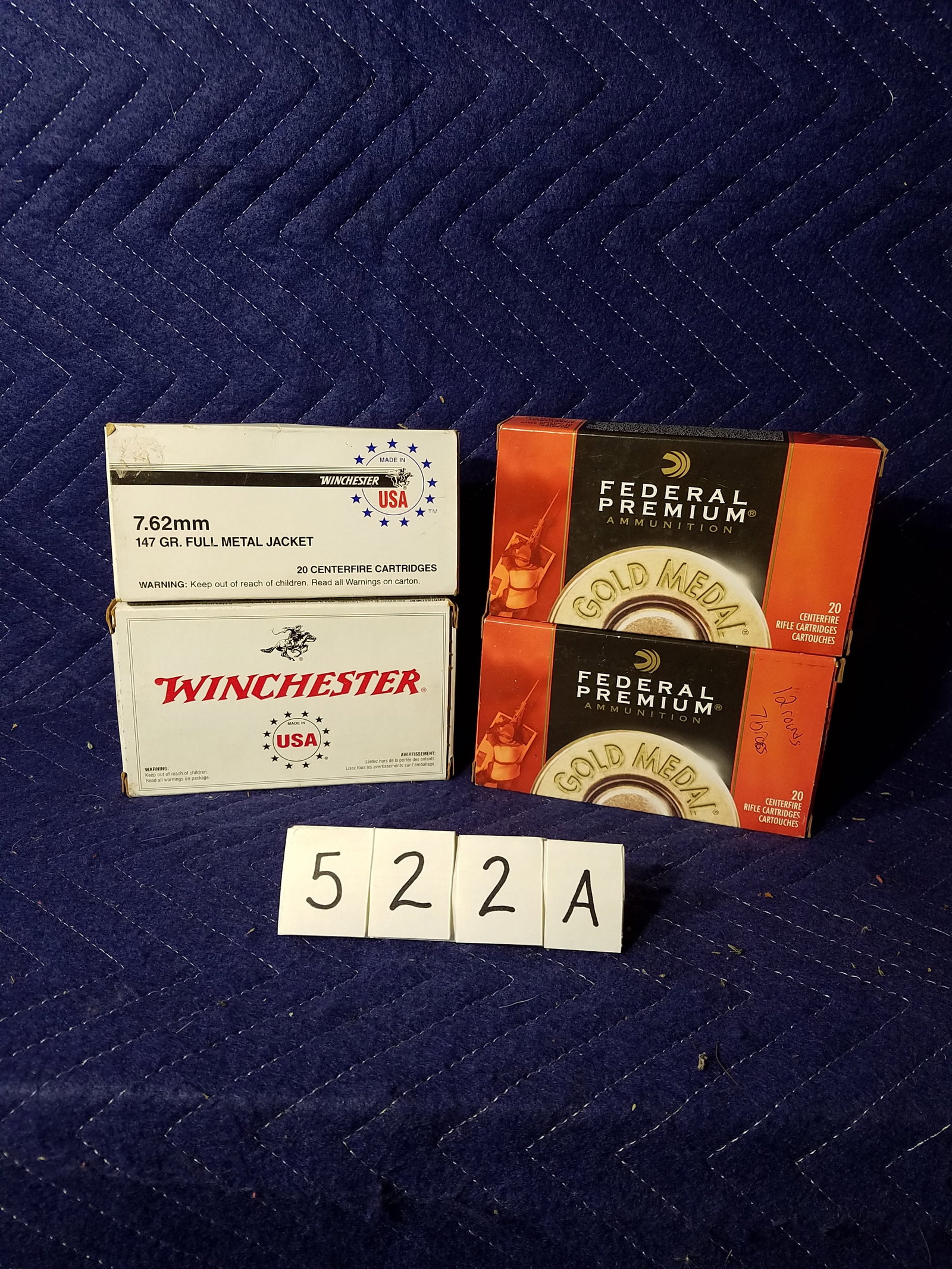 7.62mm Ammo: 7.62mm ammunition. Two boxes of Winchester, 147 grain FMJ (37 rounds and 3 brass casings). Two boxes of Federal, 175 grain (32 rounds and 7 brass casings). 69 rounds and 10 brass casings total. See