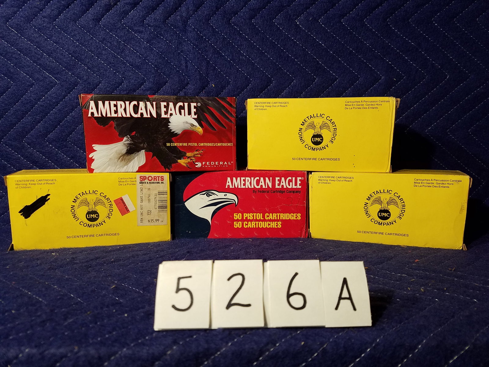 44 Remington Magnum Ammo: 44 Remington Magnum ammunition. Three boxes of UMC, 240 grain, 150 rounds. Two boxes of American Eagle, 240 grain JHP, 69 rounds and 14 brass casings. 219 rounds and 14 brass casings total. See