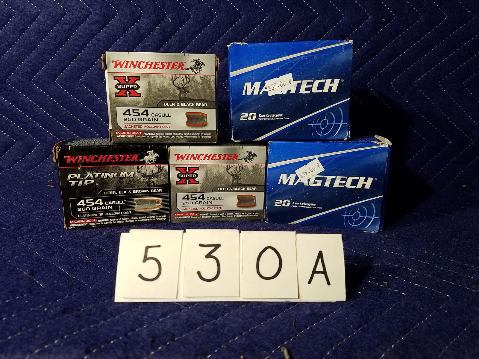 454 Casull Ammo: 454 Casull ammunition. Three boxes of Winchester Super-X, 250 grain JHP (40 rounds) and 260 grain platinum tip HP (20 rounds). Two boxes of MagTech, 260 grain SJSP Flat (40 rounds). 100 rounds total.