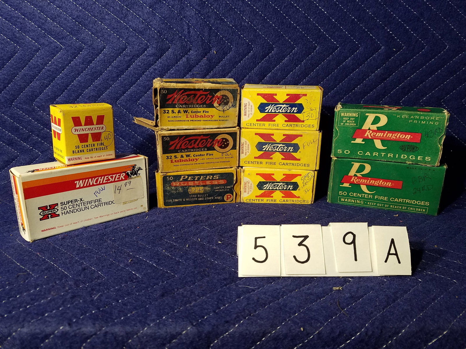 32 Smith & Wesson Ammo: 32 Smith & Wesson ammunition. Five boxes of Western, 85 grain lubaloy (150 rounds) and 80 grain (62 rounds). Two boxes of Winchester, 98 grain (50 rounds) and blanks (40 rounds). One box of Peters