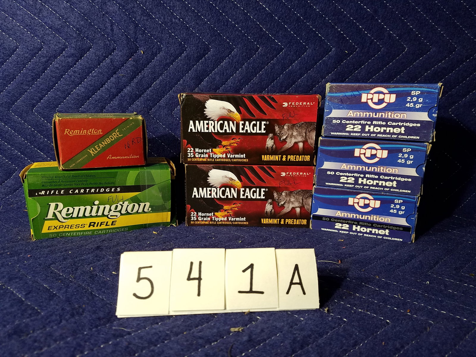 22 Hornet Ammo: 22 Hornet ammunition. Three boxes of PPU, 45 grain (150 rounds). Two boxes of Remington, 45 grain (66 rounds). Two boxes of American Eagle, 35 grain Tipped Varmint (100 rounds). 316 rounds total. See