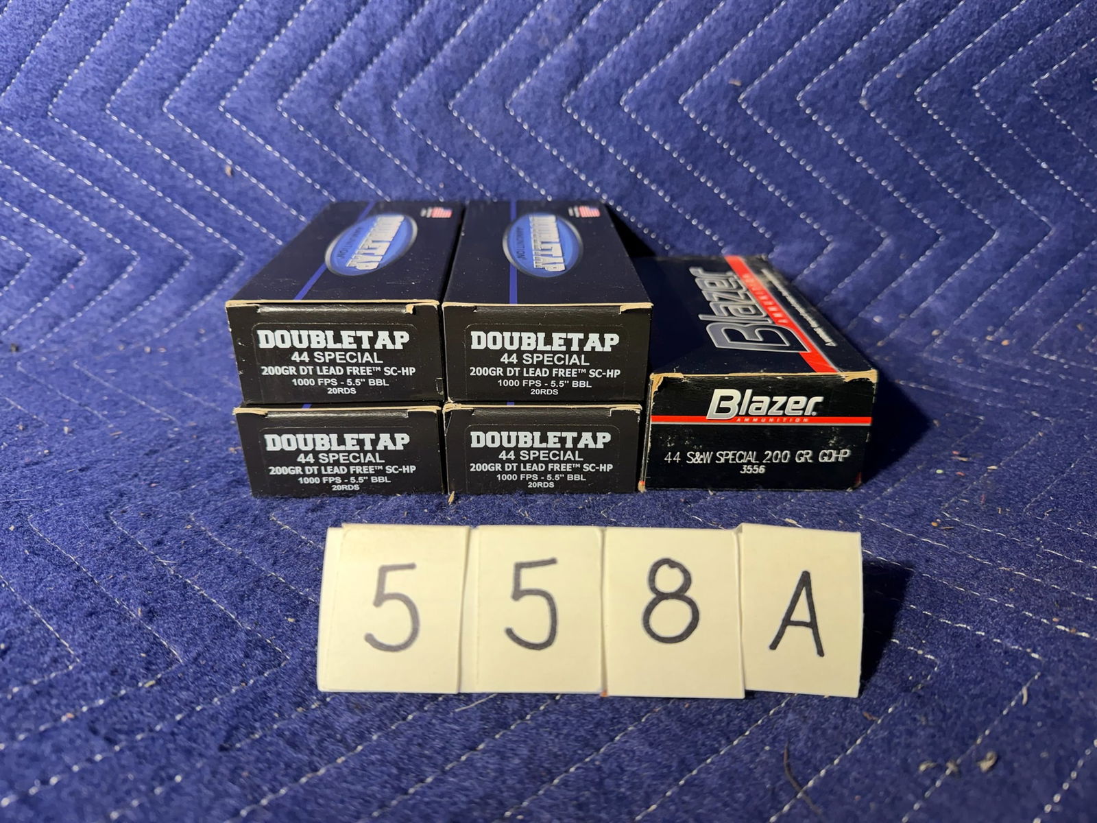 44 Smith & Wesson Special Ammo: 44 Smith & Wesson Special ammunition. 200 grain. Four boxes of DoubleTap SCHP (80 rounds). 25 rounds of Blazer GDHP. 9 rounds of JHP. 114 rounds total. See photos.