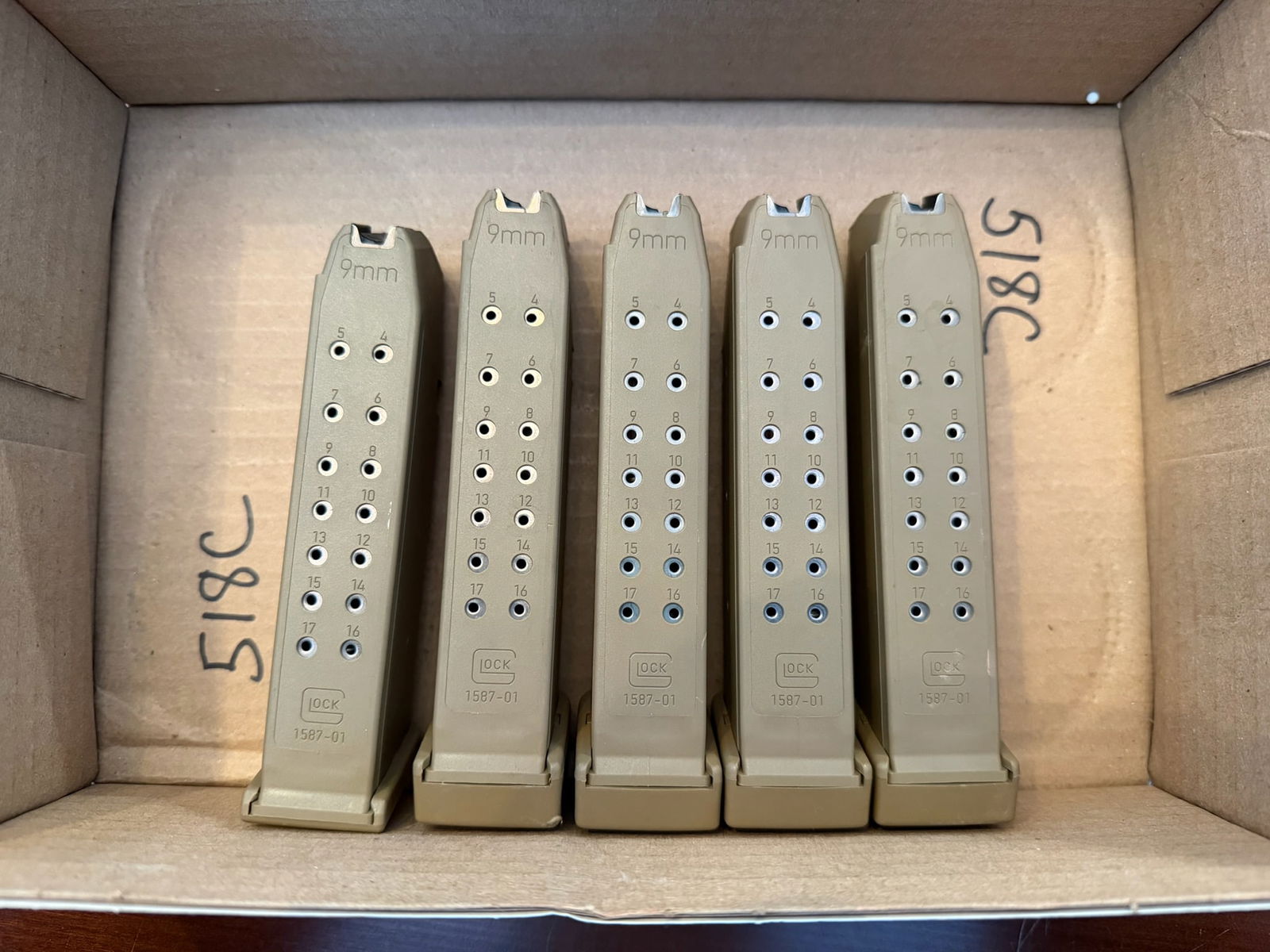 Five Glock Model 19 17 Round 9mm Magazines: Five Glock Model 19 17 round 9mm magazines. See photos.