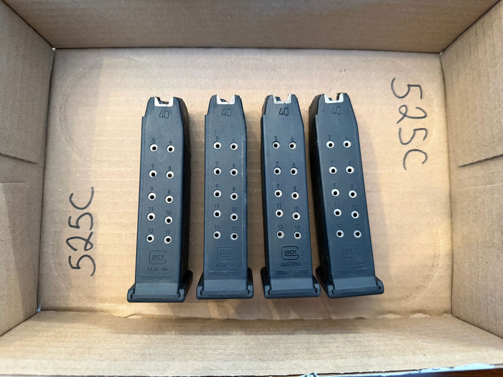 Four Glock 13 Round 40 Caliber Magazines: Four Glock 13 round 40 Caliber magazines. See photos. LEO, FFL OR OUT OF STATE SALES ONLY. MAGAZINES ARE NOT NYS COMPLIANT.