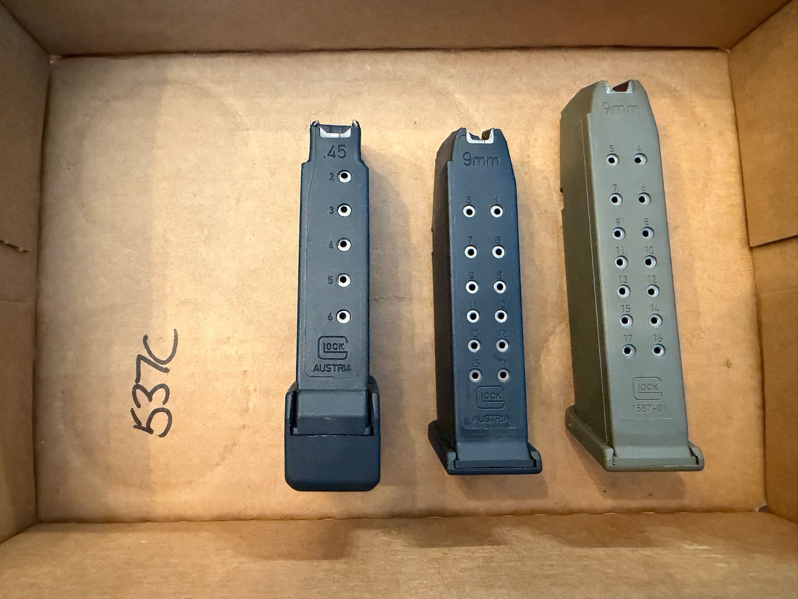 Three Glock Magazines: Three Glock magazines. One six round 45 ACP. One 15 round 9mm. One 17 round 9mm. See photos. LEO, FFL OR OUT OF STATE SALES ONLY. MAGAZINES ARE NOT NYS COMPLIANT.