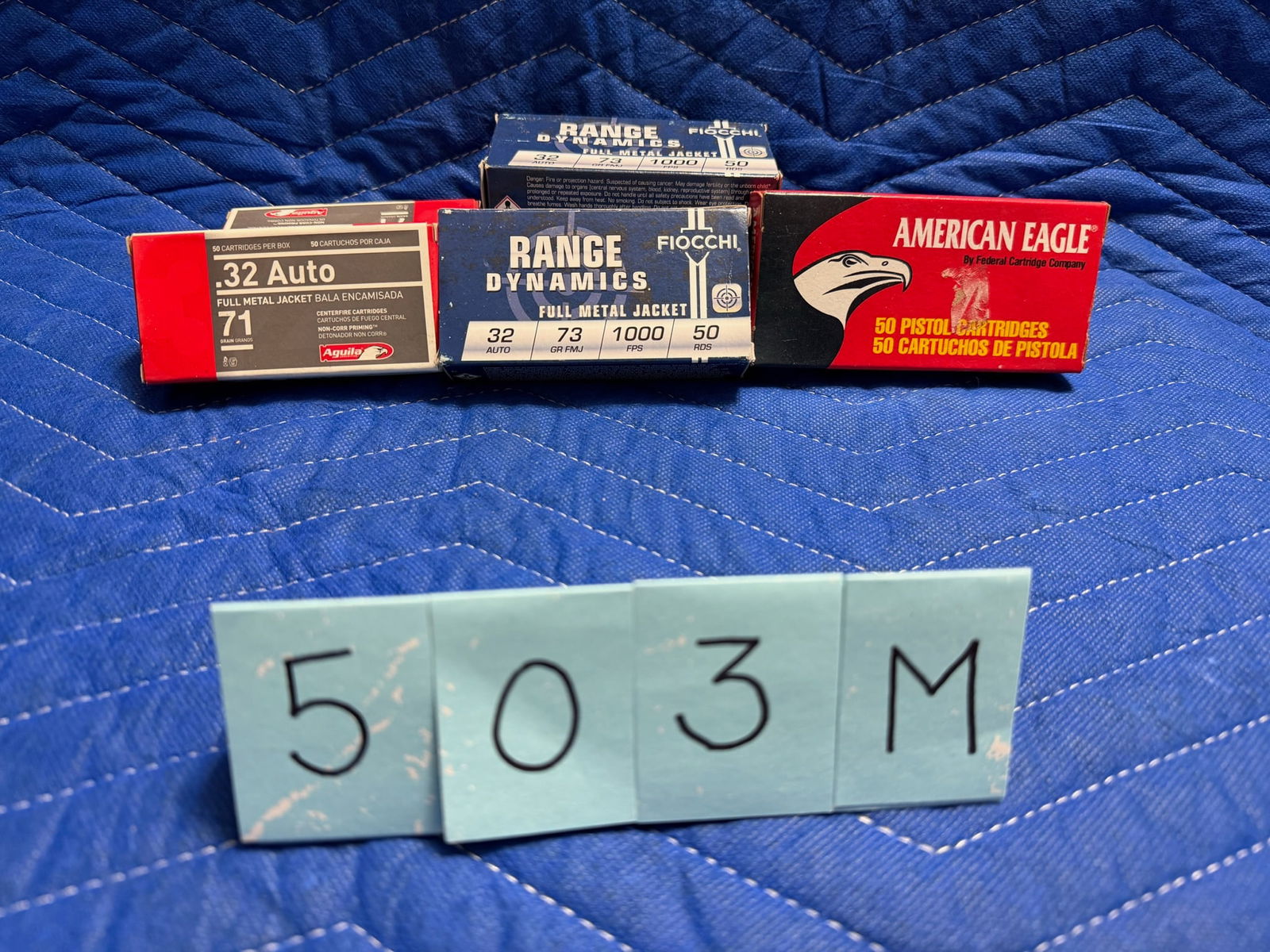 32 Auto Ammo: 32 Auto ammunition. Three boxes of Fiocchi, 73 grain FMJ (150 rounds). Two boxes of Aguilla, 71 grain FMJ (100 rounds). One box of American Eagle, 65 grain FMJ (50 rounds). 300 rounds total. See photo