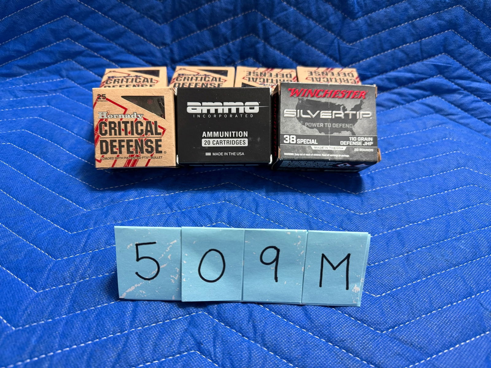 38 Special and 38 Special +P Ammo: 38 Special ammunition. One box of Winchester Silver Tip, 110 grain JHP (20 rounds). One box of Ammo Inc., 125 grain JHP (20 rounds). 38 Special +P ammunition. Five boxes of Hornady, 110 grain FTX