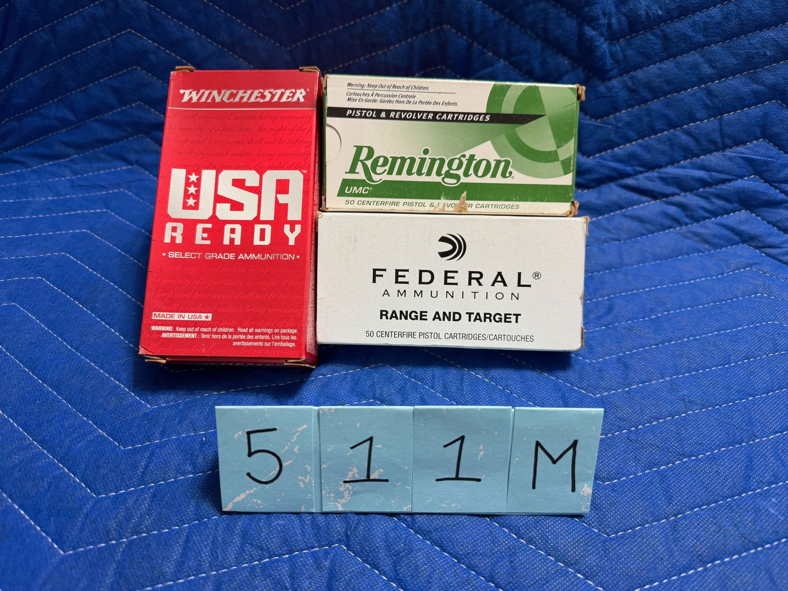45 Auto Ammo: 45 Auto ammunition. Three boxes of Winchester, 230 grain flat nose FMJ (150 rounds). One box of Remington, 230 grain (50 rounds). One box of Federal, 230 grain FMJ (50 rounds). 250 rounds total. See