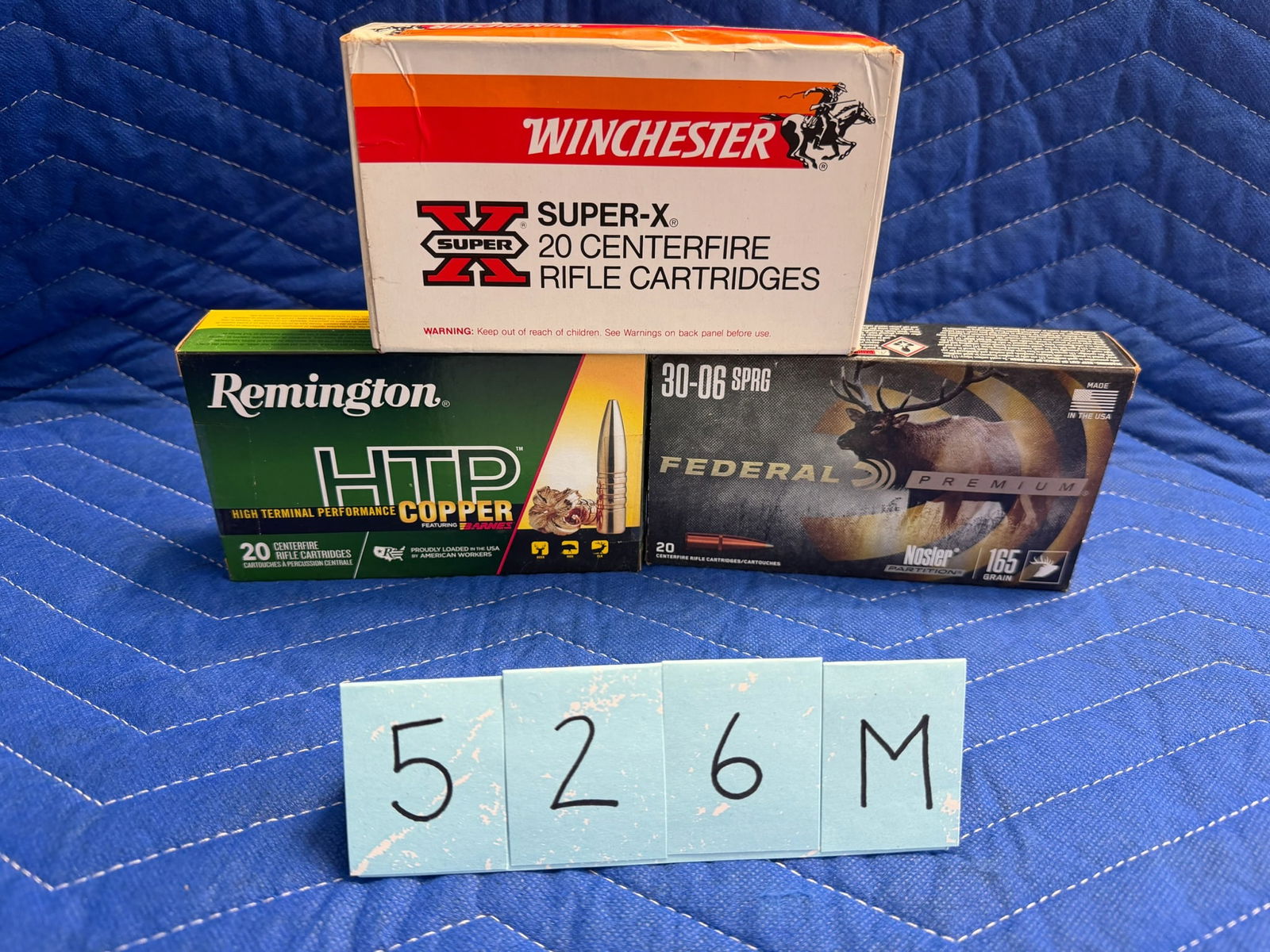 30-06 Springfield Ammo: 30-06 Springfield ammunition. One box of Federal Premium, 165 grain nosler partition (20 rounds). One box of Remington, 168 grain Barnes TSX (20 rounds). One box of Winchester, 165 grain pointed SP (2
