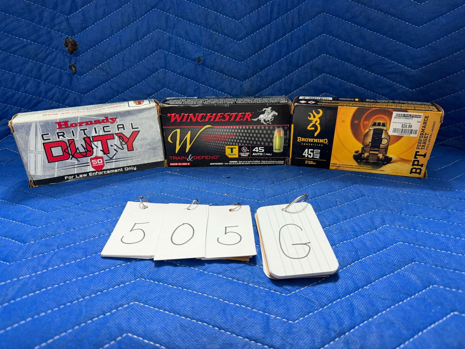 45 Auto Ammo: 45 Auto ammunition. One box of Browning, 230 grain FMJ (50 rounds). One box of Winchester, 230 grain FMJ (50 rounds). One box of Blazer, 230 grain FMJ (50 rounds). One box of Hornady Critical Duty, 22