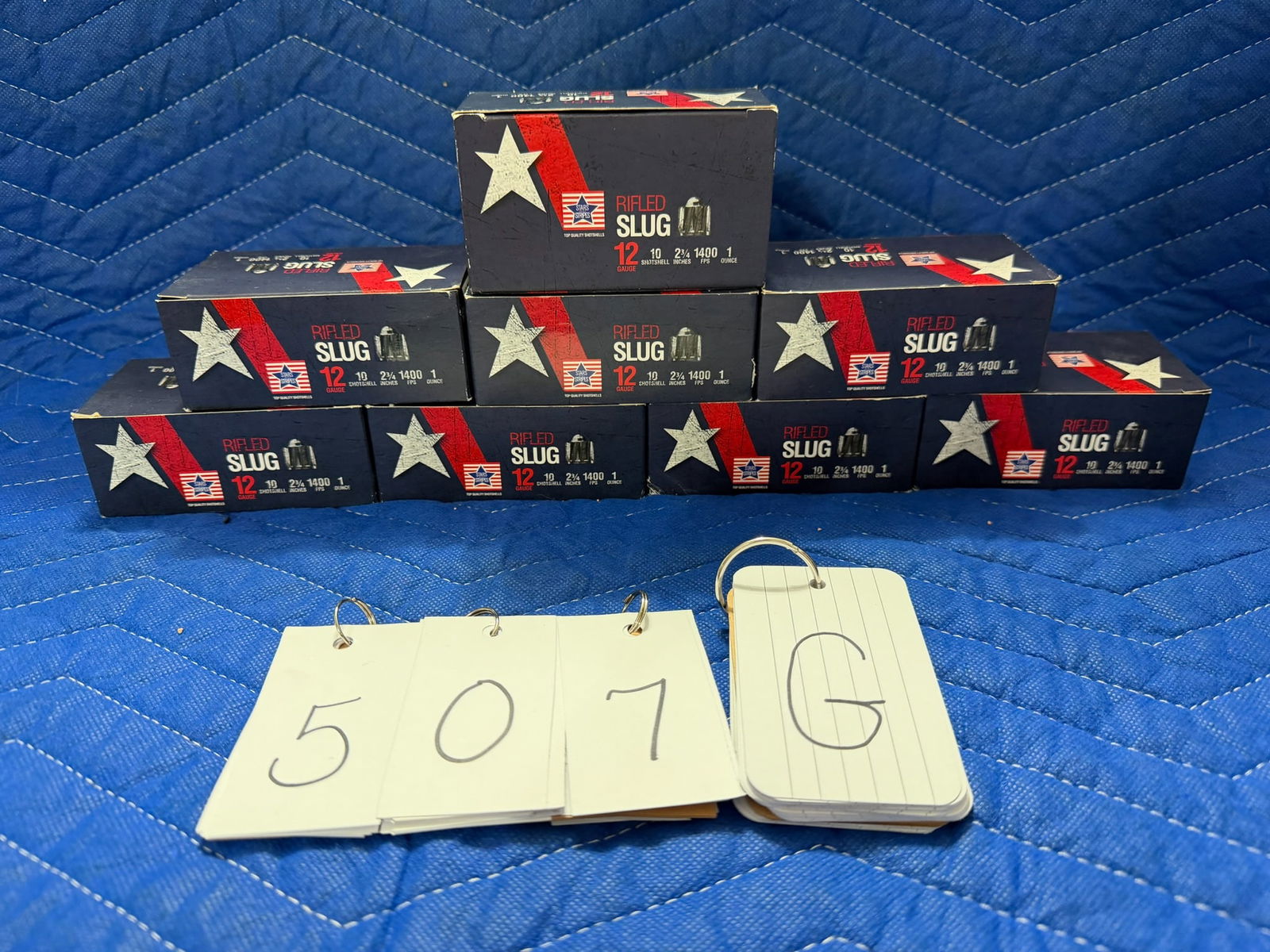 12 Gauge Rifled Slug Shotgun Ammo: 12 gauge rifled slug shotgun ammo. Eight boxes of Stars and Strips, 2.75 shells, 1 oz. 80 rounds. See photos.