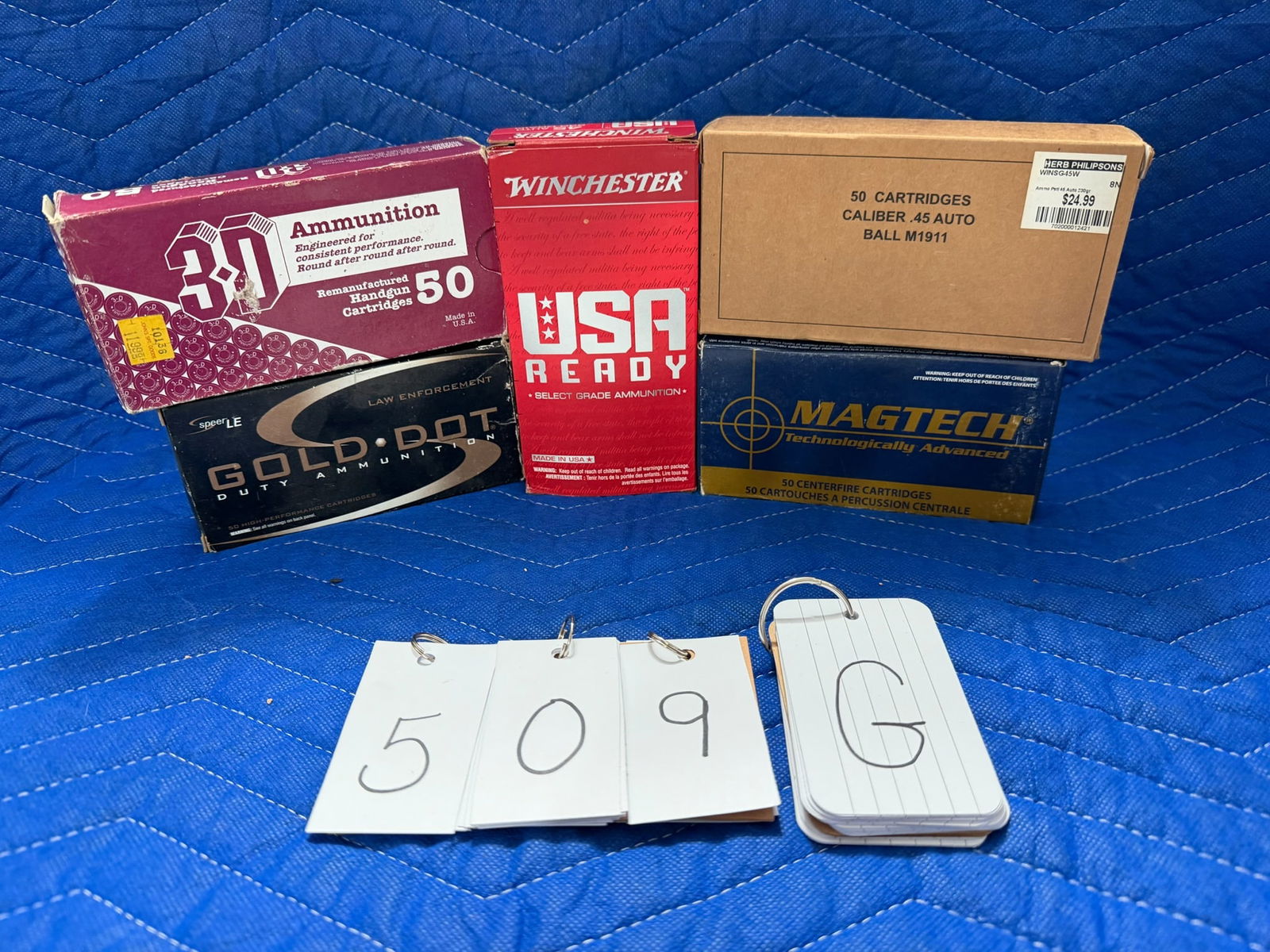 45 Auto Ammo: 45 Auto ammunition. One box of MagTech, 230 grain FMC (50 rounds). One box of Winchester, 230 grain FMJ (50 rounds). One box of Winchester, 230 grain flat nose FMJ (50 rounds). One box of Speer Gold D