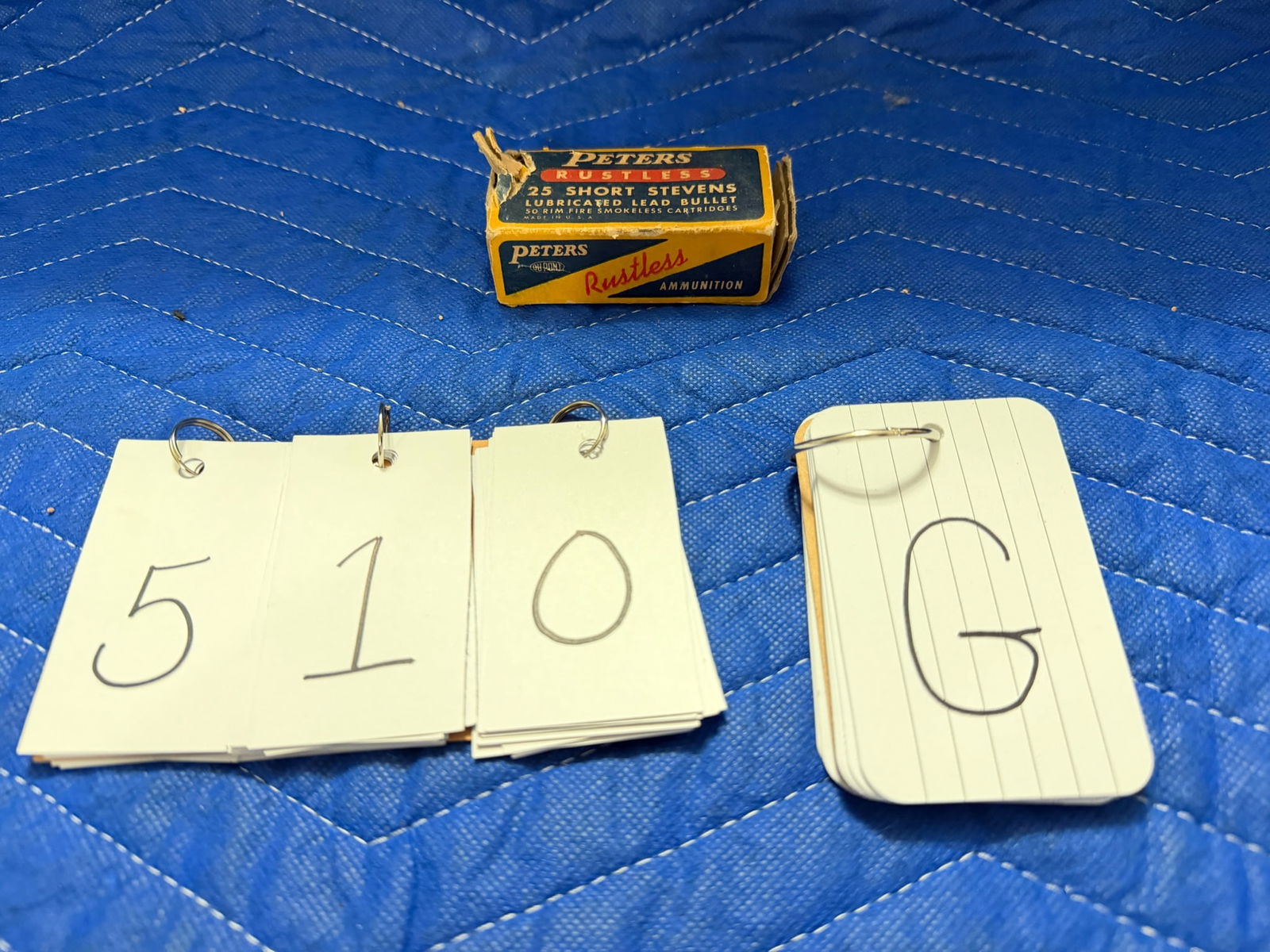 25 Short Stevens Ammo: 25 Short Stevens ammunition. One vintage box of Peters Rustless, lubricated lead bullets, rimfire. 50 rounds. See photos.