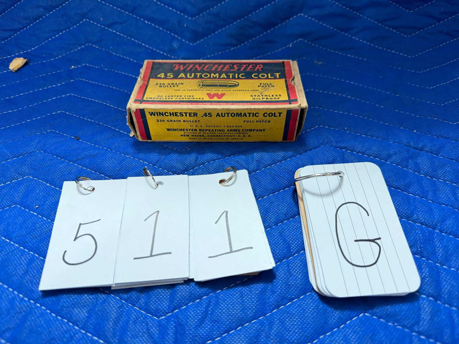 45 Automatic Colt Ammo: 45 Automatic Colt ammunition. One vintage box of Winchester, 230 grain bullet full patch. 10 rounds. See photos.