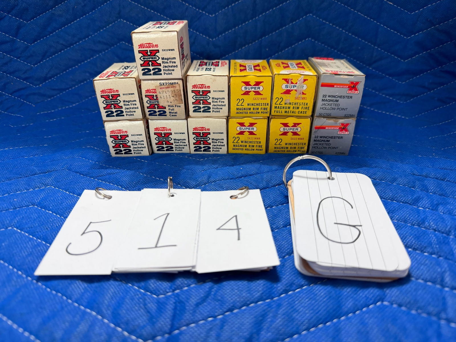 22 Magnum Ammo: 22 Magnum ammunition. Seven boxes of Western Super X, 40 grain JHP (350 rounds). Four boxes of Western Super X, 40 grain JHP (140 rounds). Two boxes of Winchester Super X, 40 grain JHP (100 rounds). 5
