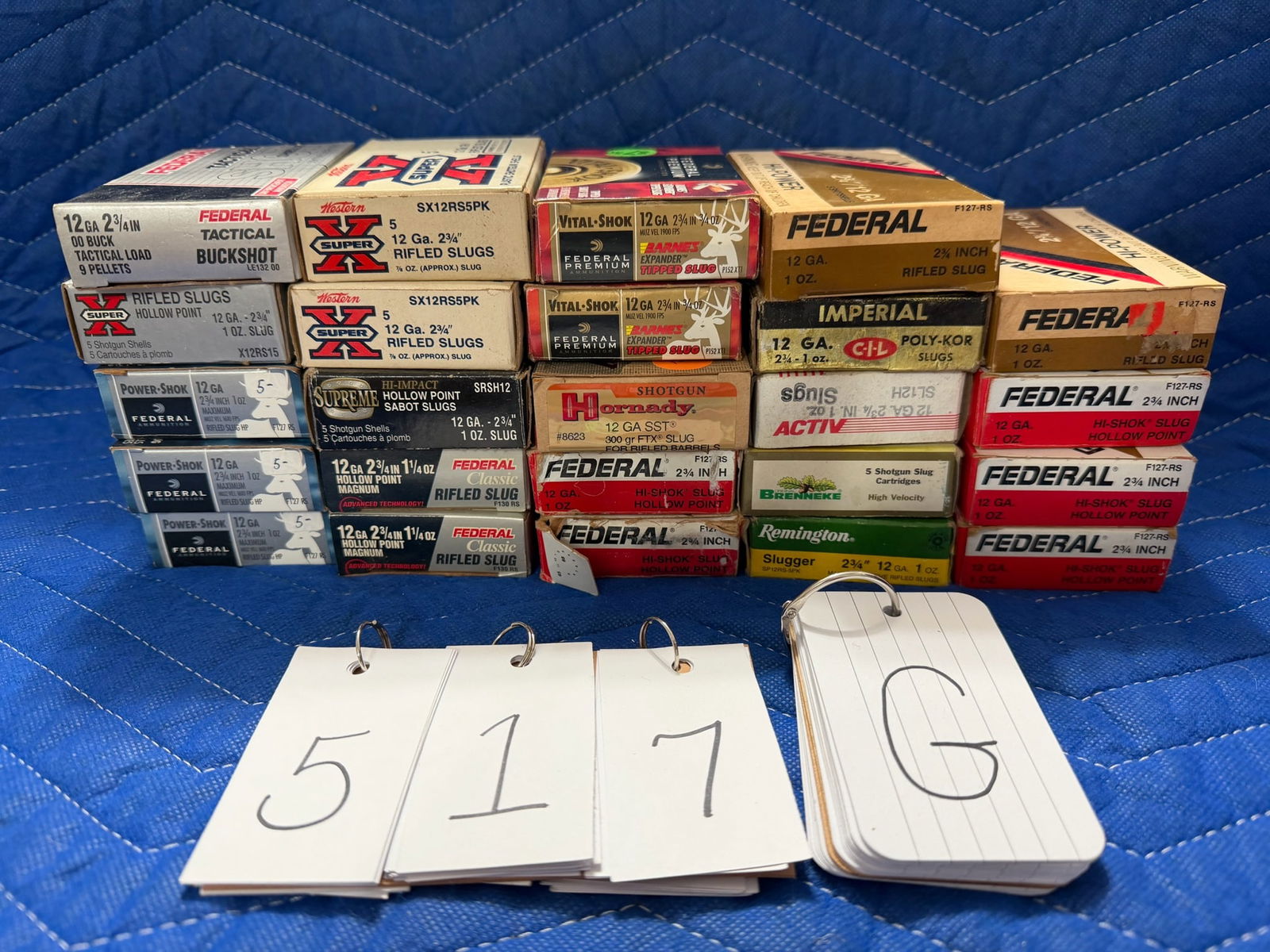 12 Gauge Slug Shotgun Ammo: 12 gauge slug shotgun ammunition. Assorted manufacturers. All 2.75" shells. 24 boxes, 120 rounds. See photos.