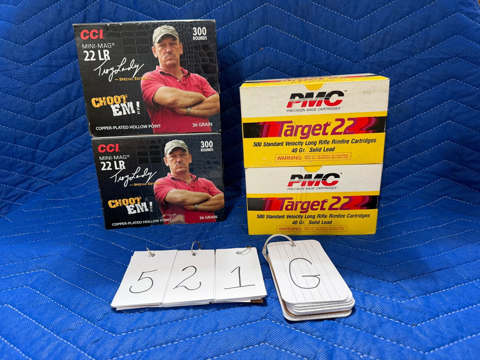 22LR Ammo: 22LR ammunition. Two boxes of PMC, 40 grain solid lead (1000 rounds). Two boxes of CCI Trophy Troy Landry Special Edition, 36 grain copper plated HP (600 rounds). 1600 rounds total. See photos.
