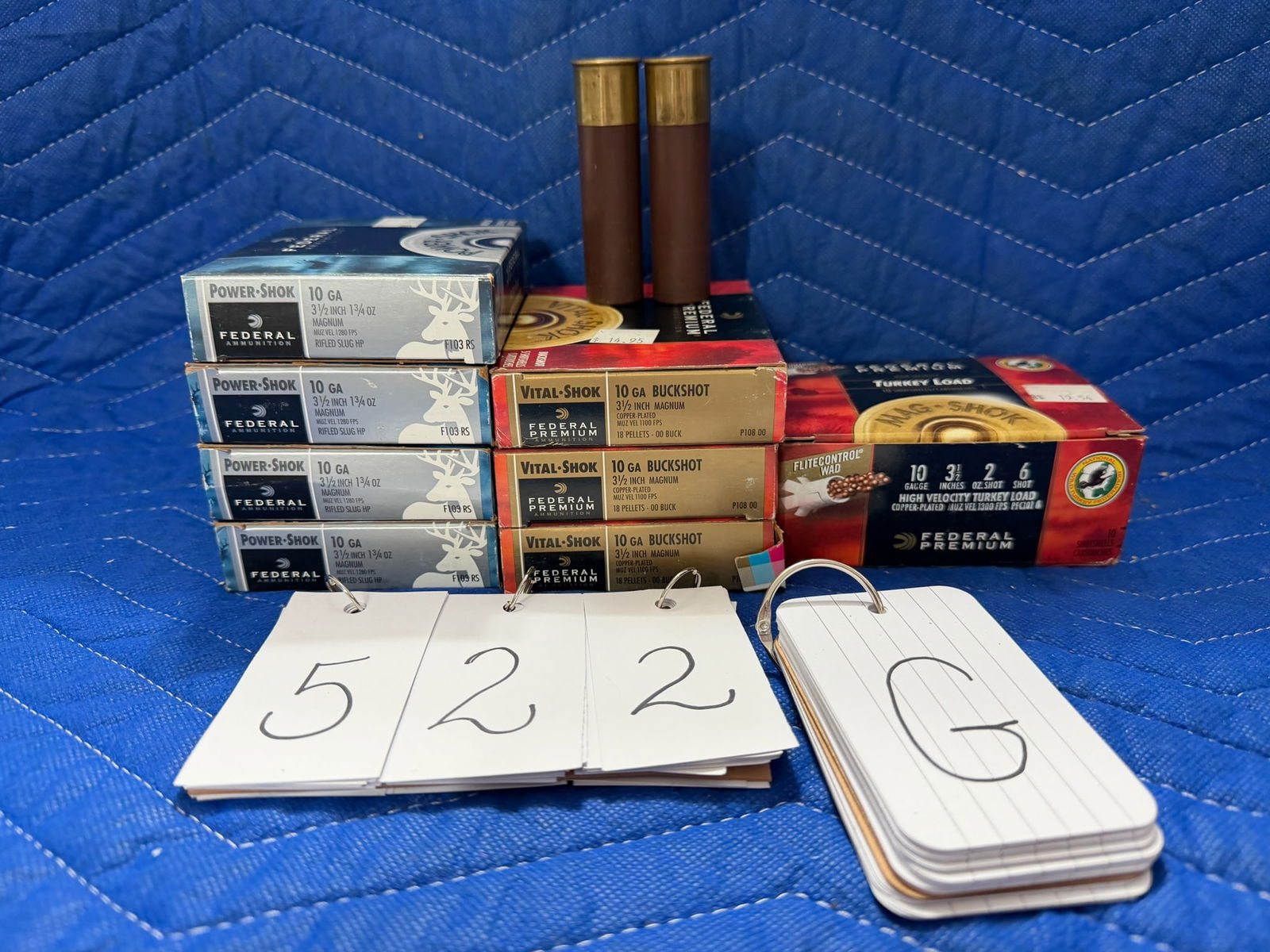 10 Gauge Shotgun Ammo: 10 gauge shotgun ammunition. Three boxes of Federal Premium Vital-Shok, 3.5" magnum shells, 00 buck (15 rounds). One box of Federal Premium, 3.5" magnum shells, No. 6 shot turkey load (10 rounds).