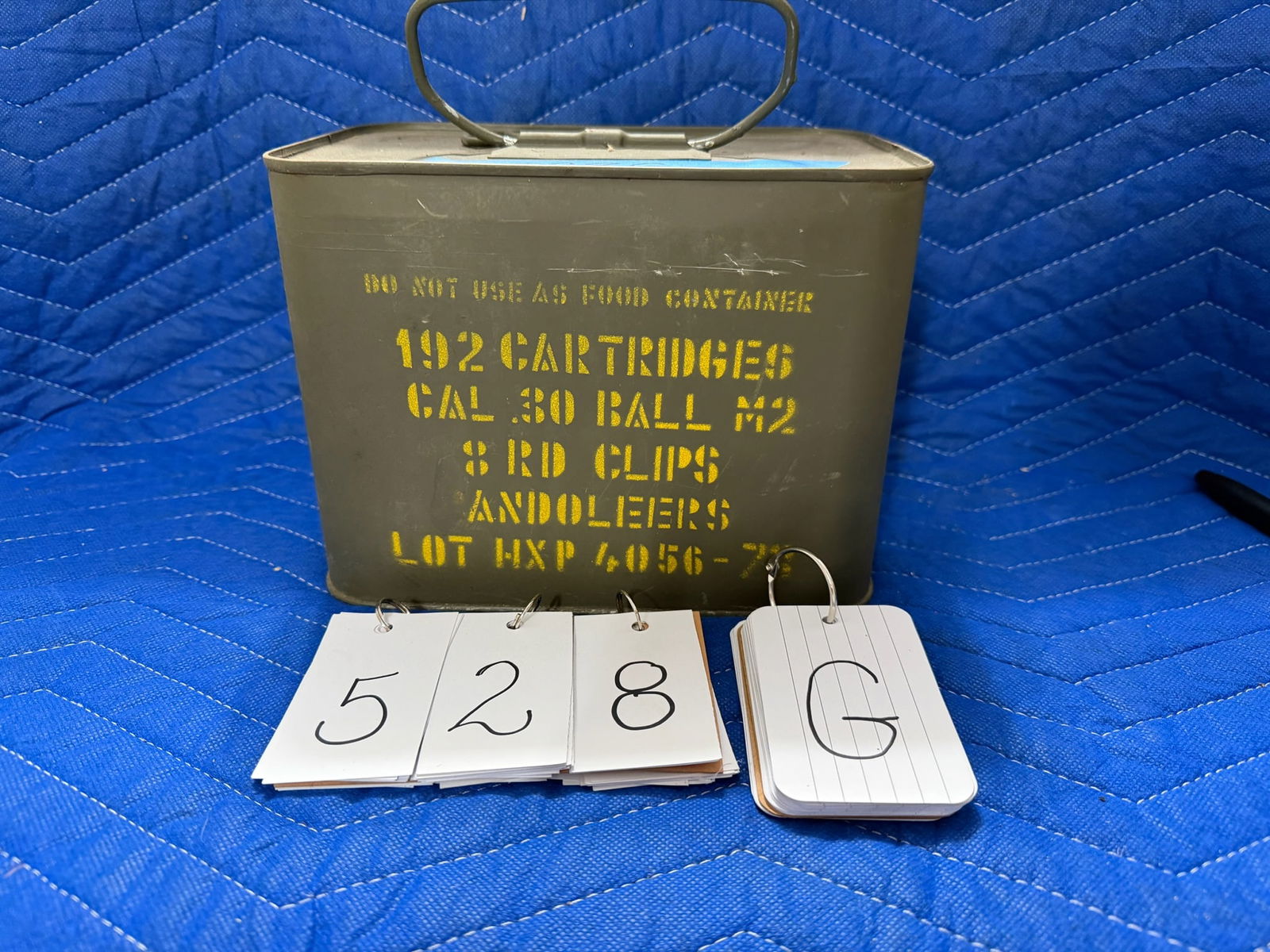 30 Caliber Ball Ammo: Factory Sealed "tuna can" of 30 caliber ball ammunition. 192 cartridges, Cal .30 Ball M2, 8 RD Clips, Andoleers, Lot HXP 4056-73. See photos.
