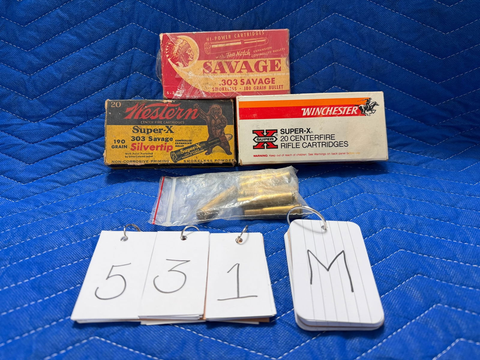 303 Savage Ammo: 303 Savage ammunition. One vintage box of Savage Top Notch, 180 grain expansion controlled (20 rounds). One vintage box of Western Super X, 190 grain silver tip controlled expanding bullet (2 rounds