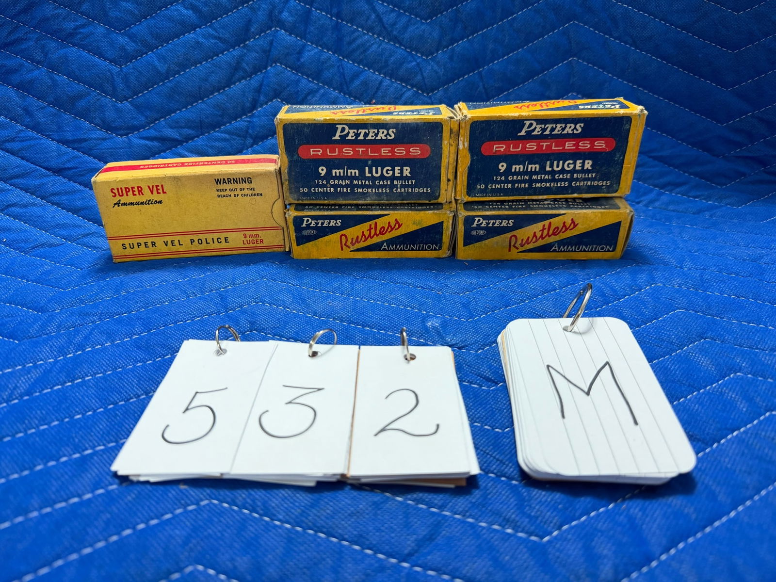9mm Luger Ammo: 9mm Luger ammunition. Four vintage boxes of Peters Rustless, 124 grain metal cased bullets (approx. 179 rounds). One vintage box of Super Vel, 90 grain JHP (50 rounds). Approx. 229 rounds total. See