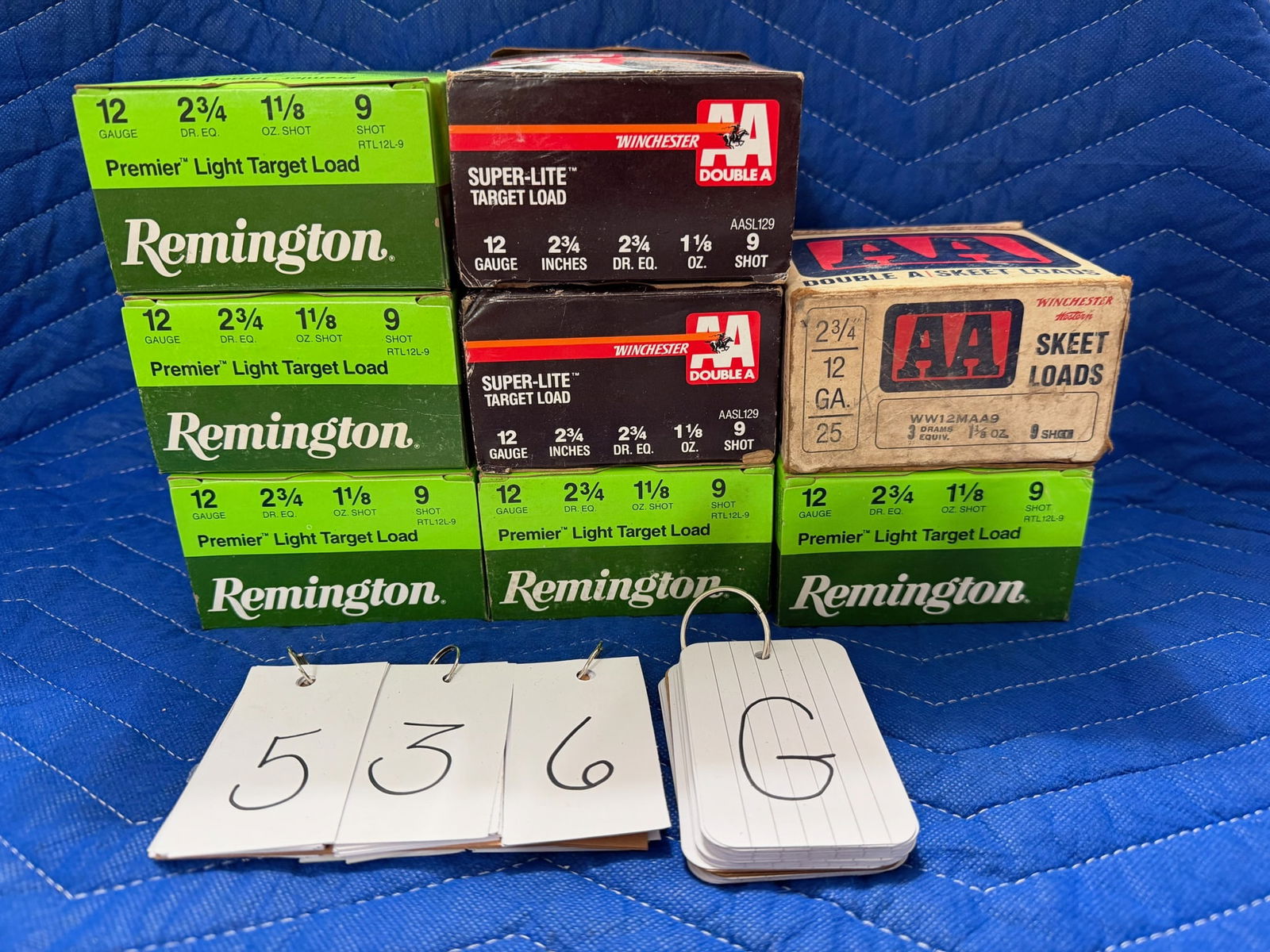 12 Guage Shotgun Ammo: 12 gauge shotgun ammo. Five boxes of Remington Premier Light Target Load, 2.75" shells, No. 9 shot (125 rounds). Two boxes of Winchester AA, 2.75" shells, No. 9 shot (38 rounds). One box of