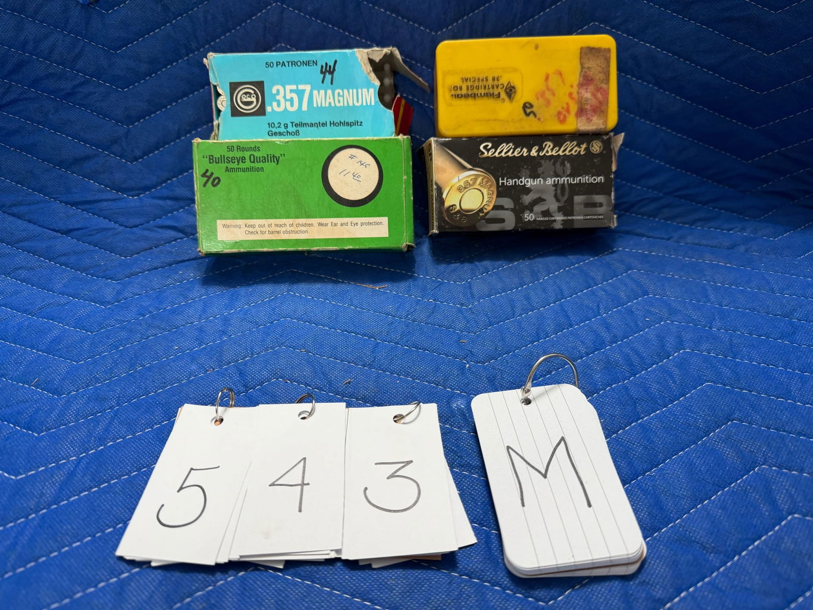 357 Magnum Ammo: 357 Magnum ammunition. One box of Geco, 158 grain HP (44 rounds). One box of Sellier & Bellot, 158 grain (50 rounds). One box of Accuracy Guaranteed, 158 grain JHP (40 rounds). One polymer case with