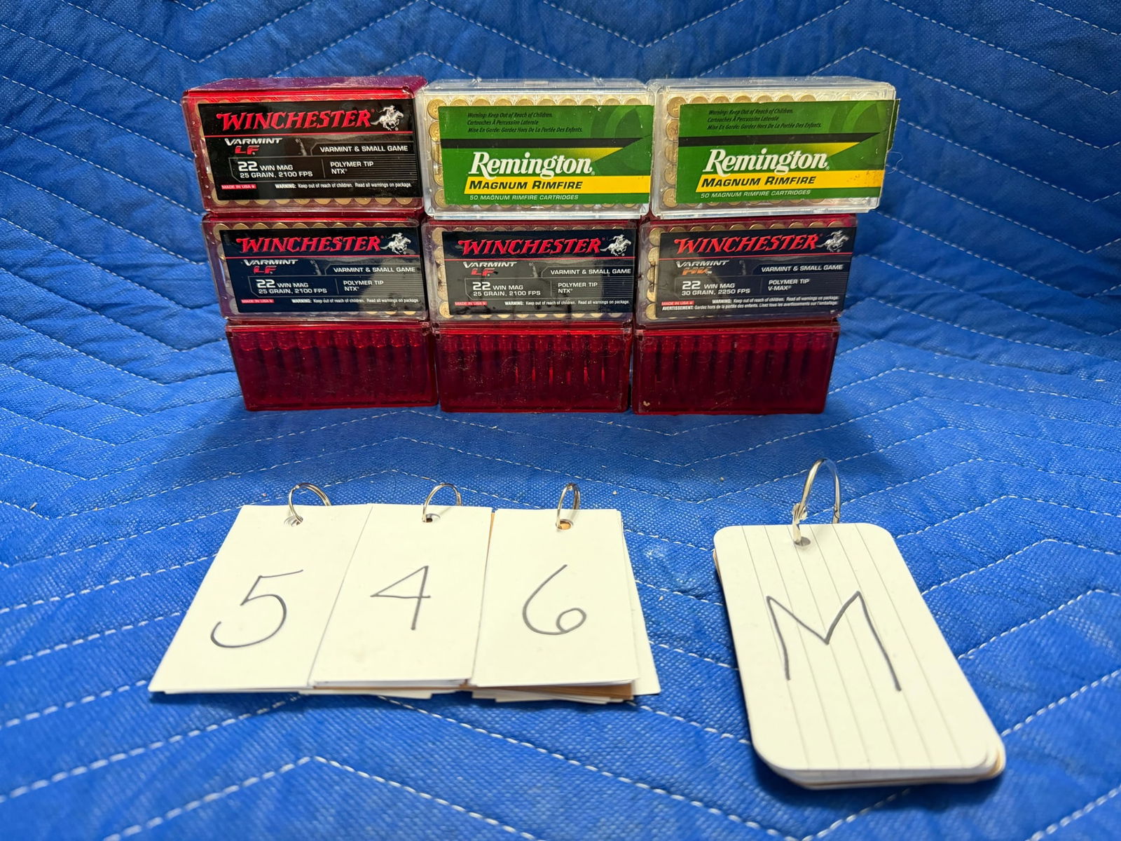 22 Magnum Ammo: 22 Magnum ammunition. Seven boxes of Winchester Varmint HV, 30 grain (350 rounds). Two boxes of Remington, 40 grain JHP (88 rounds). 438 rounds total. See photos.