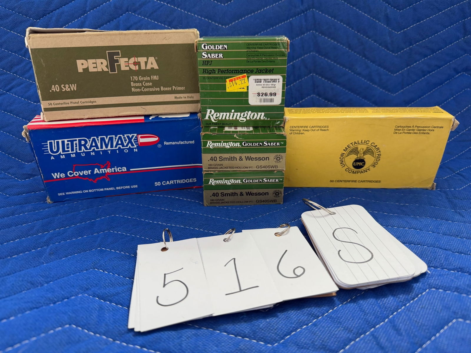 40 Smith & Wesson Ammo: 40 Smith & Wesson ammunition. Three boxes of Remington Golden Saber, 180 grain BJHP (61 rounds). One box of UMC, 180 grain metal case (50 rounds). One box of Ultra Max remanufactured lead (50 rounds).
