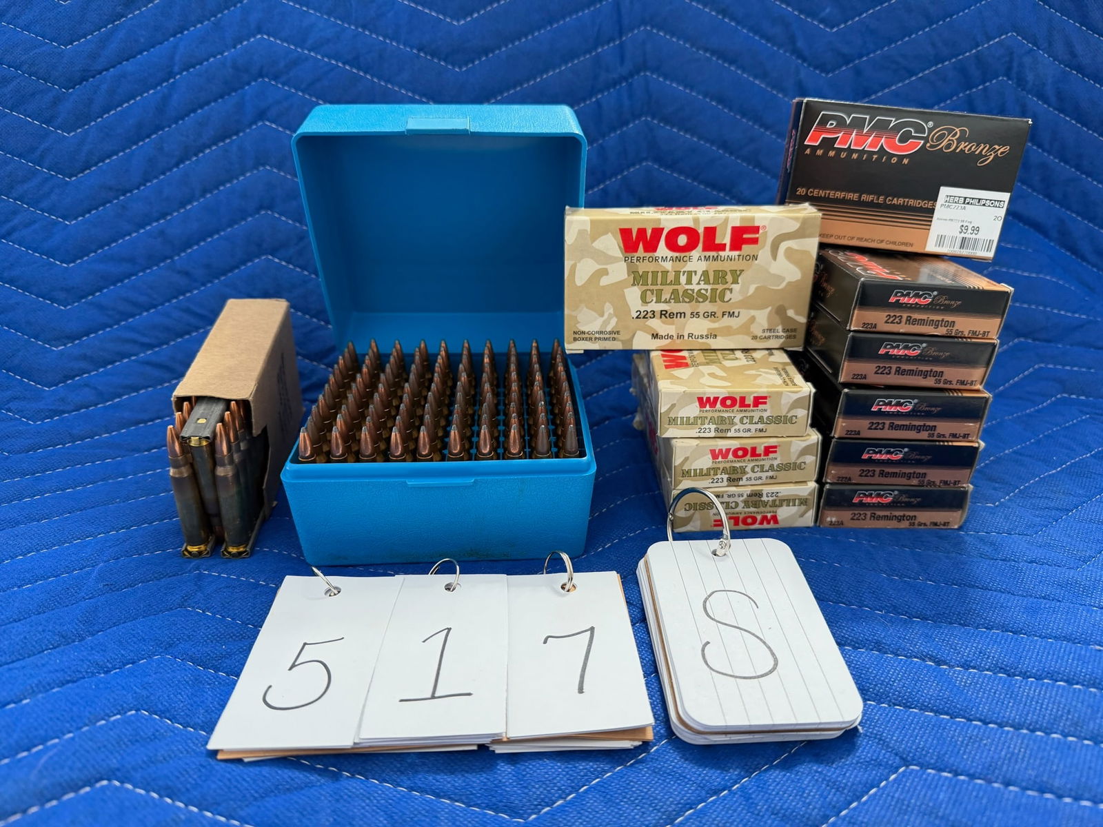 223 Remington and 5.56x45mm NATO Ammo: 223 Remington and 5.56x45mm NATO ammunition. Seven boxes of PMC Bronze 223 Remington, 55 grain FMJ BT (120 rounds). Four boxes of Wolf Military Classic 223 Remington, 55 grain FMJ (80 rounds). One