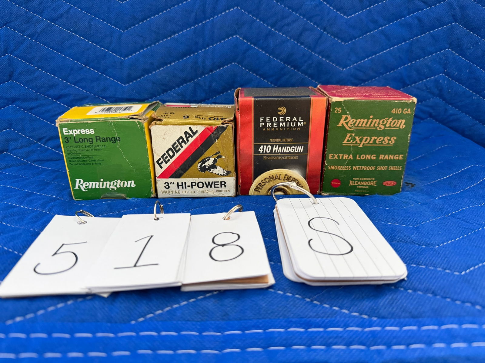 410 Gauge Ammo: 410 gauge ammunition. One vintage box of Remington Express Kleanbore, 7.5 shot with paper wads, 3 inch shells (25 rounds). One box of Federal Hi-power, 3" shells (9 rounds). One box of Remington, 6 sh