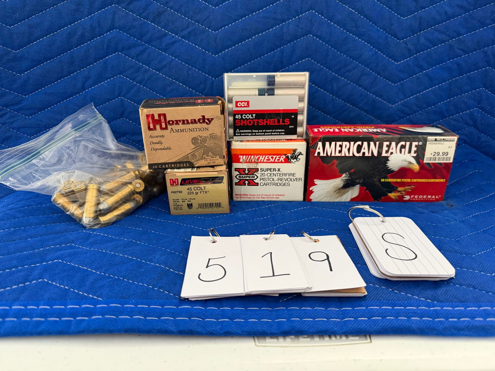 45 Colt Ammo: 45 Colt ammunition. One box of Winchester, 225 grain HP (20 rounds). Two boxes of Hornady Lever Evolution, 225 grain FTX (31 rounds). One box of Federal Eagle, 225 grain JSP (50 rounds). One box of
