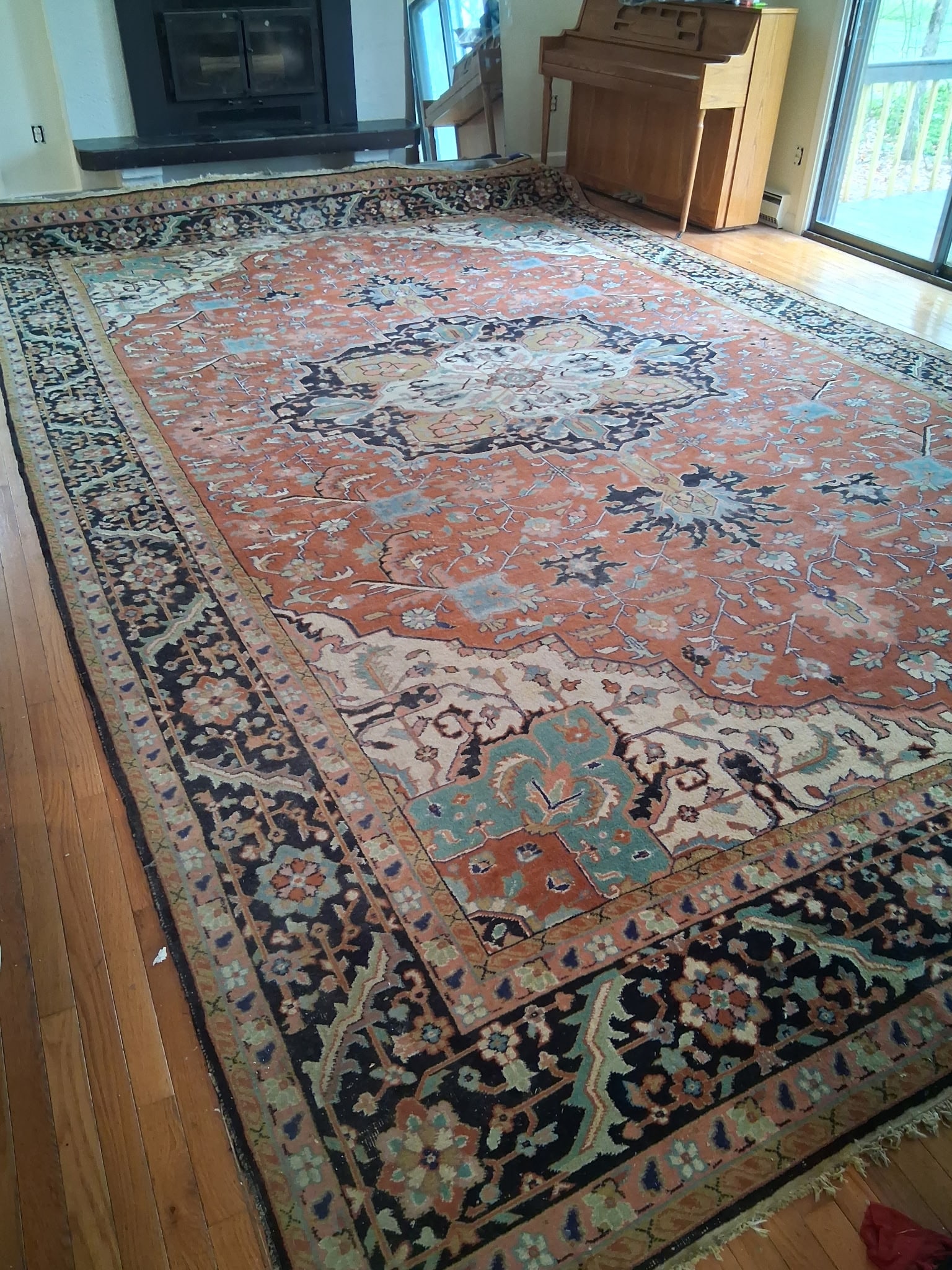 Handmade Room Size Indian Rug Circa 1930s: Handmade room size Indian rug circa 1930s. Tightly woven and in excellent condition. 212"l x 136"w. See photos. Please read the Terms and Conditions of this auction THOROUGHLY for IMPORTANT bidder