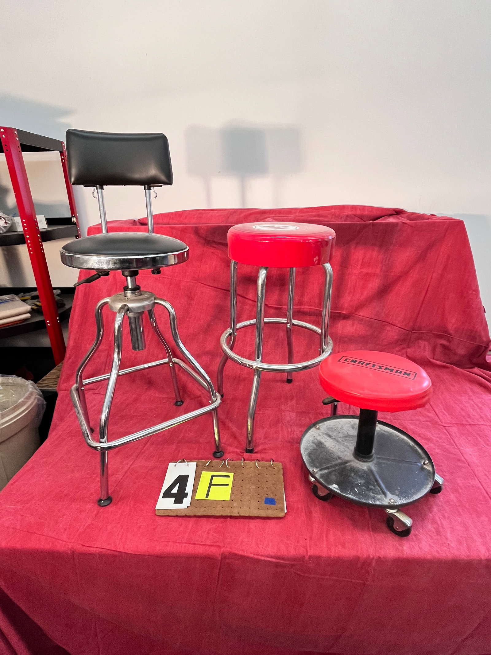 Three Equipment Seats: Three equipment seats. One International Harvester, 16.25" dia. x 28.75"h. Two Craftsman, 15.25" dia. x 15"h and 17"l x 17"w x 41"h. See photos. Please read the Terms and Conditions of this auction