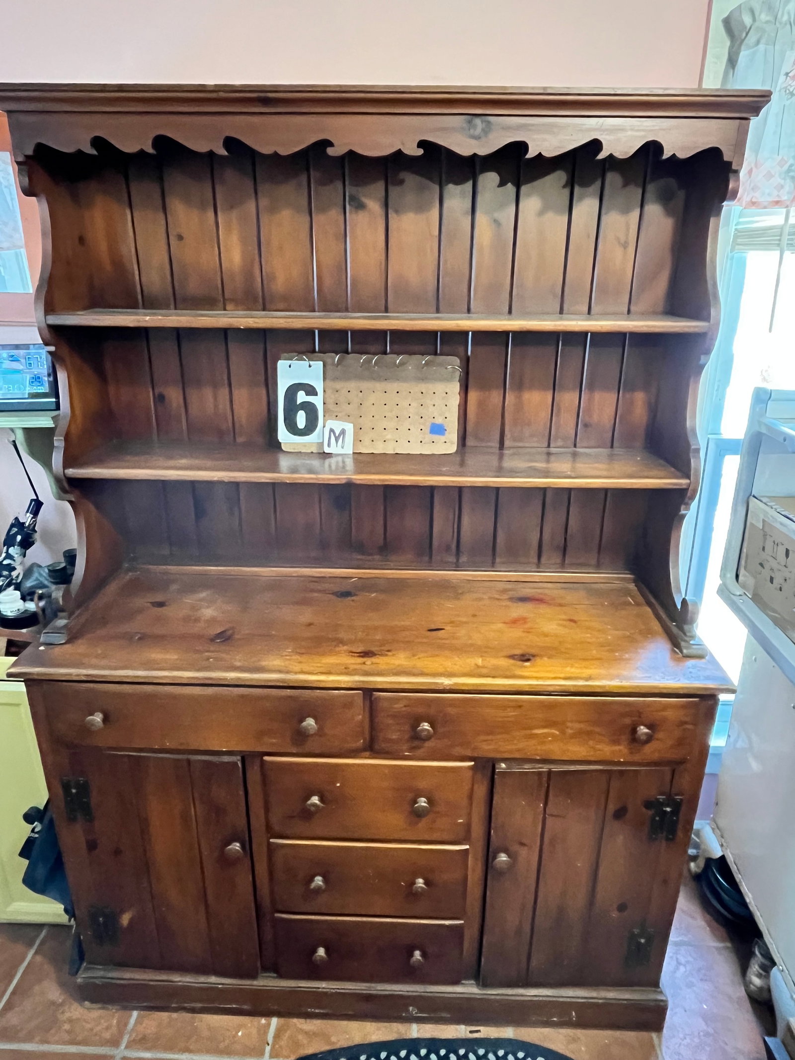 1900s American Contemporary Pine Hutch: 1900s American contemporary pine hutch. Has four drawers and two doors. Constructed in a 19c manner. 50"w x 19"d x 71"h. See photos. Please read the Terms and Conditions of this auction THOROUGHLY