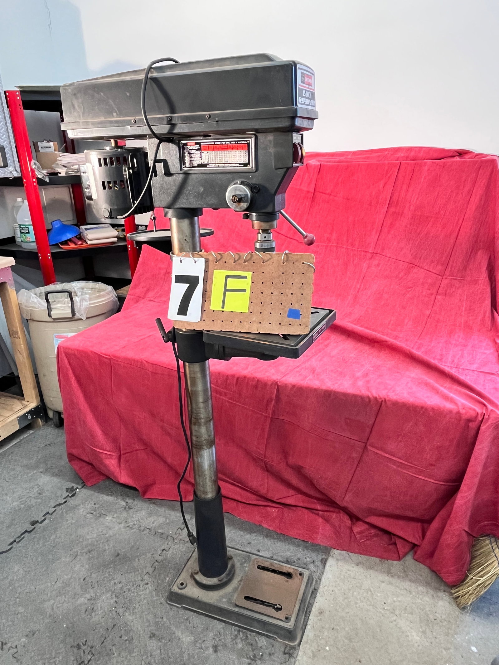 Craftsman Floor Drill Press: Craftsman floor drill press. 12"w x 24"d x 66.5"h. See photos. Please read the Terms and Conditions of this auction THOROUGHLY for IMPORTANT bidder information.